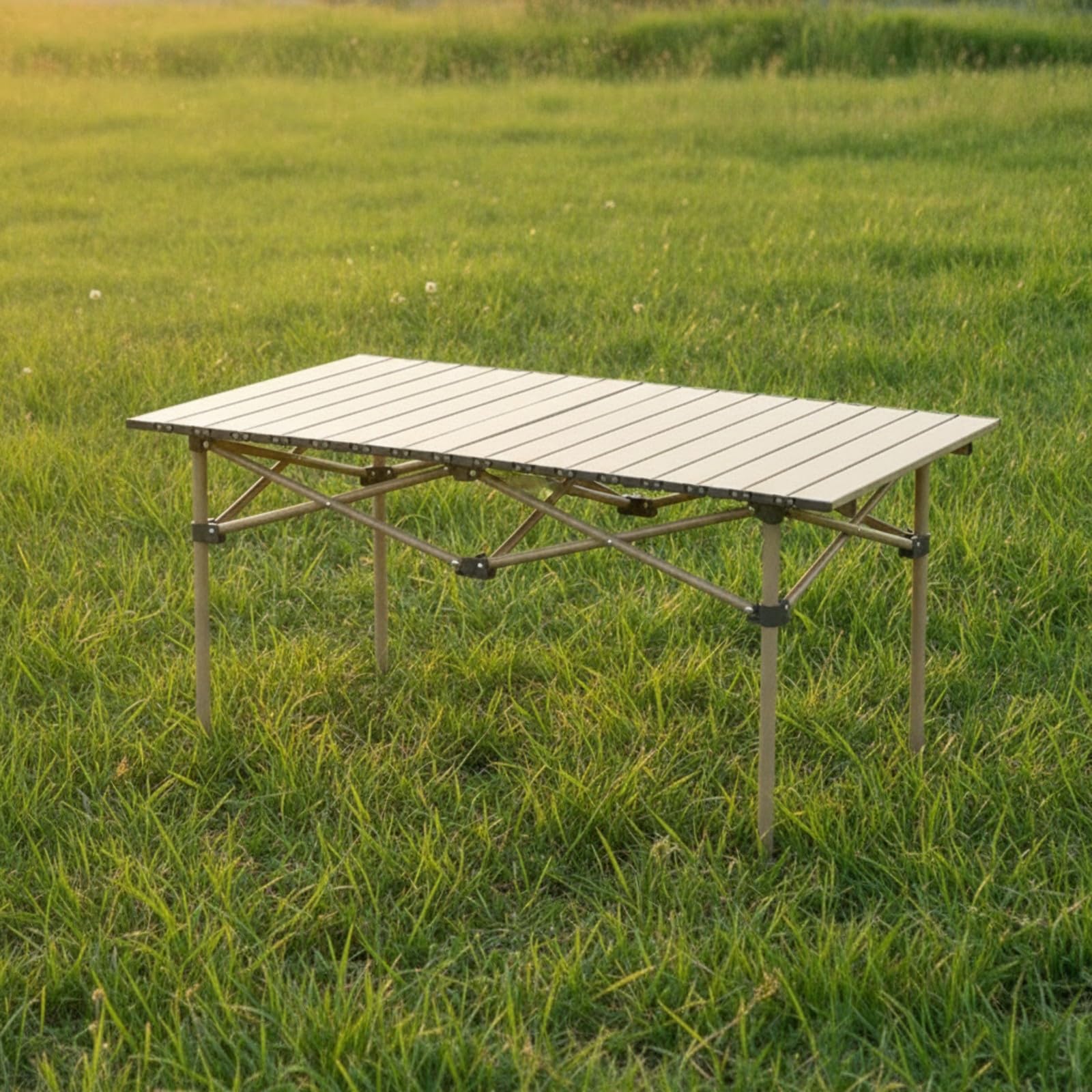 Mesa Plegable Acero con Estructura en X y Tablero Ranurado para Montaje Rapido y Almacenamiento Facil para Camping Barbacoa Playa Acuado para Cenas Exteriores scanso Familiar Picnic, Beige