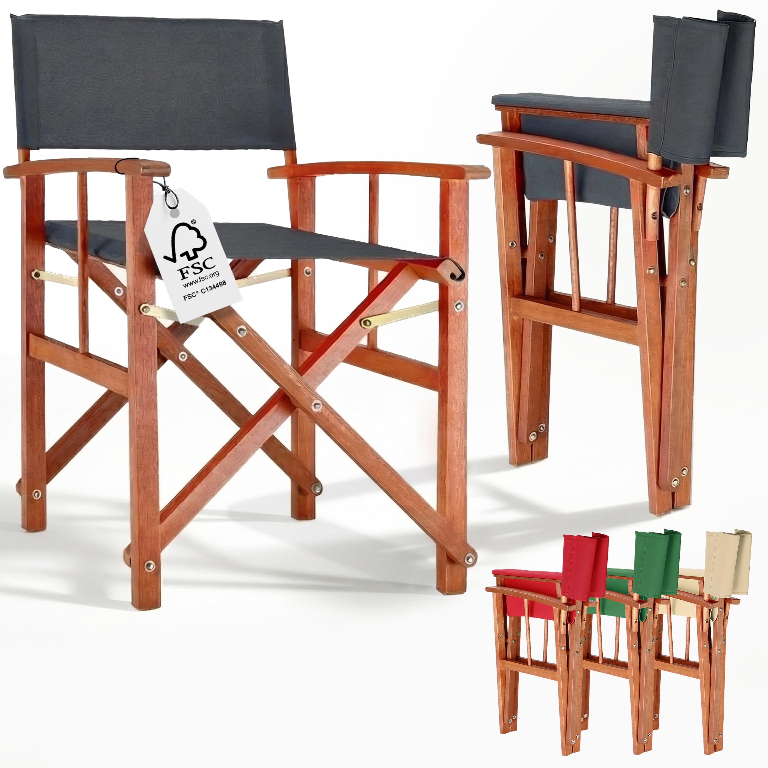 Casaria® Regiestuhl aus FSC® Eukalyptusholz - Klappbarer Gartenstuhl mit Armlehnen, waschbarem Bezug & 46 cm Sitzhöhe, bis 160 kg belastbar - Holzstuhl für Balkon, Terrasse & Camping