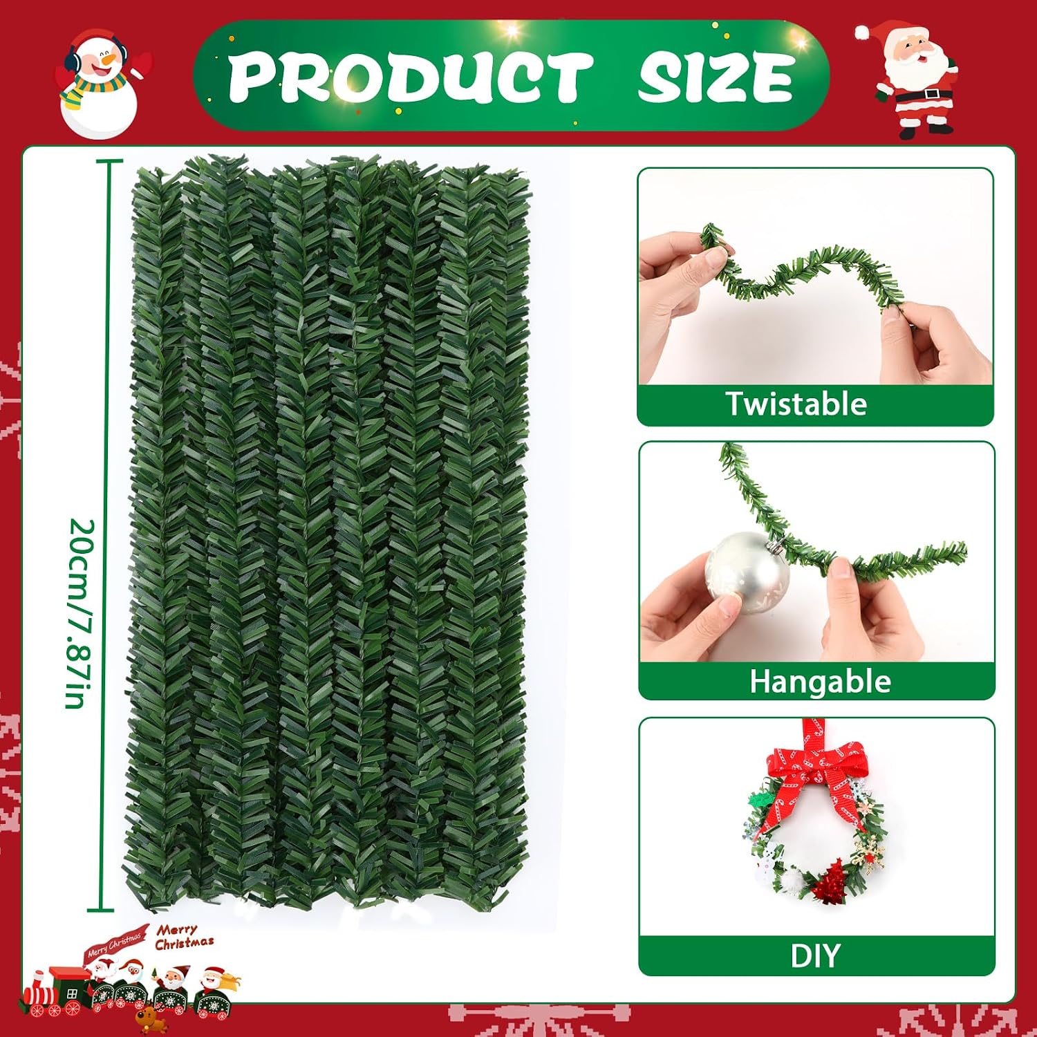 60PCS Christmas Garland Ties, 7.8 Inch PVC Faux Pine Greenery Wired Stems Hanging Hooks Pine Needles Twist Ties for Christmas Village Crafts Wreath Gift Wrapping Tree Decoration (Green)