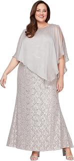 S.L. Fashions Womens Plus Size Long Length Sequin Lace Beaded Capelet Mother of The Bride Dress, Formal Evening Gown