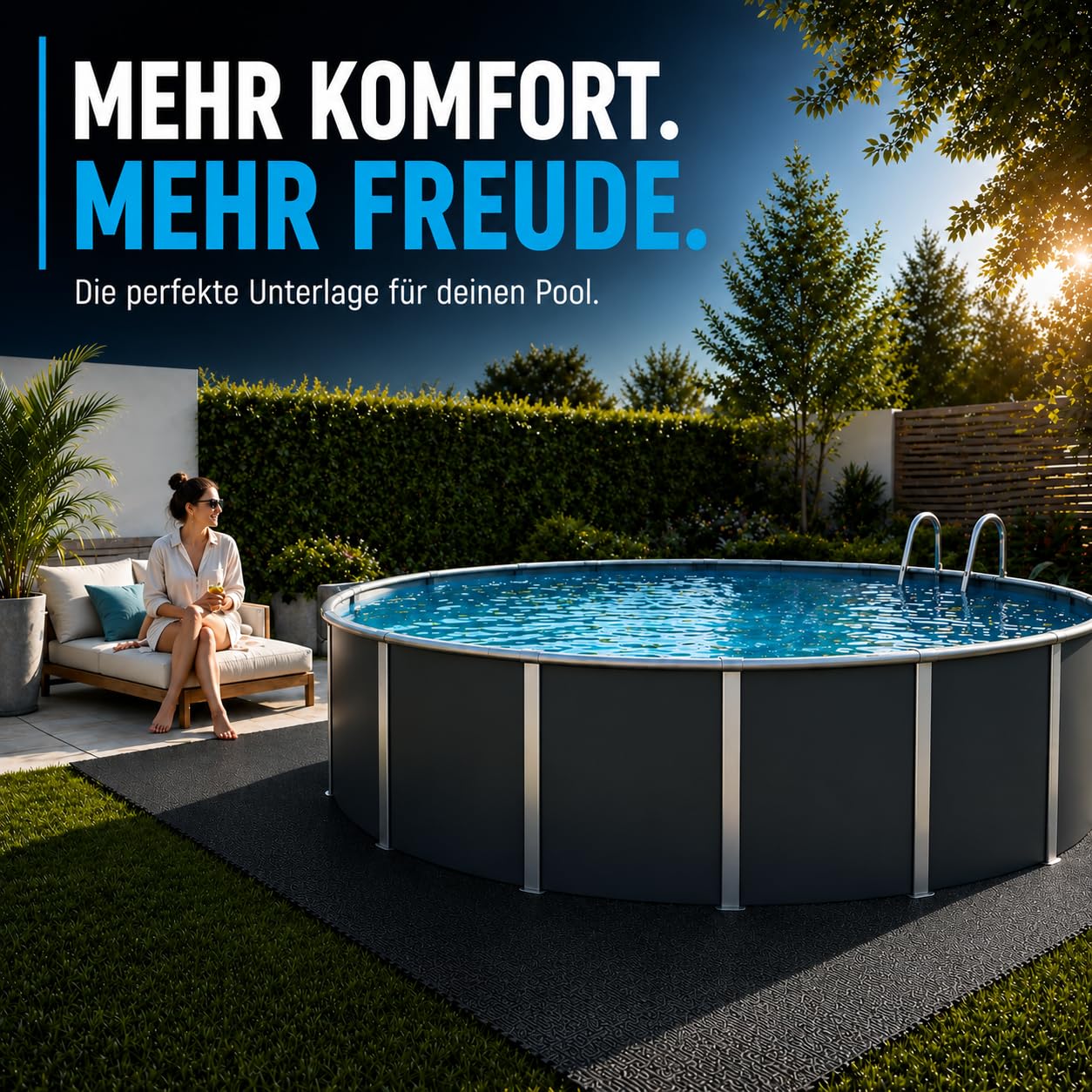 poolomio® Bodenschutzmatte Pool 8 Stück XXL 50x50 cm – Poolmatte Outdoor, rutschfest & isolierend – Pool Unterlage Schutzboden für Whirlpool & Aufstellpool, Eva Puzzle Matte grau