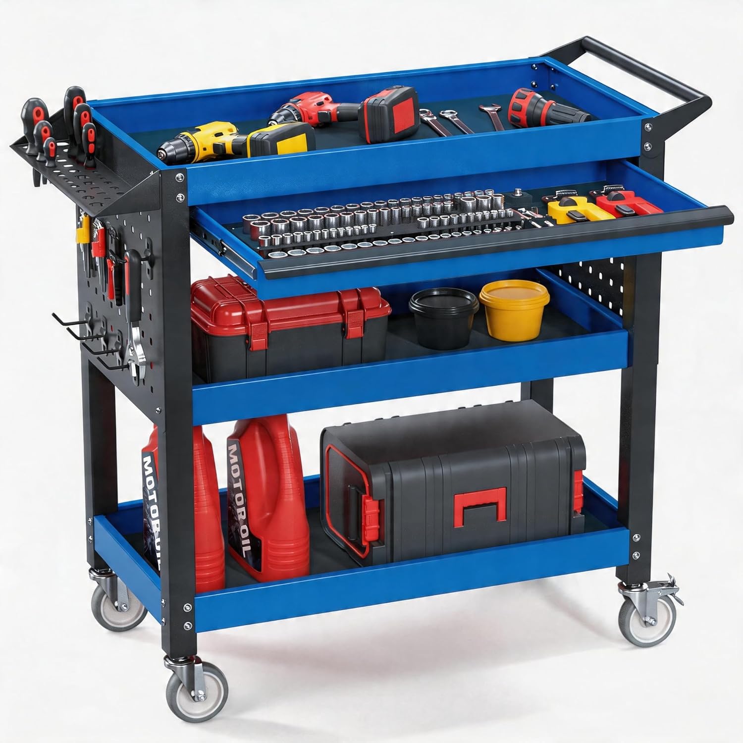 XCX 3-Tier Heavy Duty Metal Rolling Tool Cart with Drawers, Blue Black