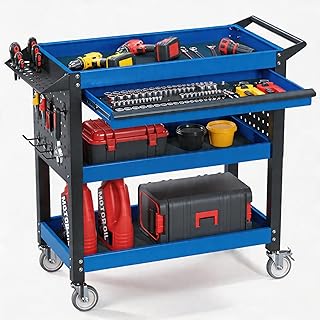 3-Tier Heavy Duty Metal Rolling Tool Cart with Drawers, Blue Black