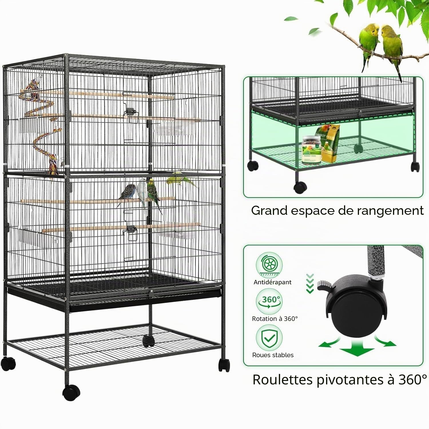 LIFERUN Grande Cage Oiseaux, Volière pour Oiseaux en Métal avec Corde Jouet | Cage Oiseaux avec 4PCS Roulettes, 2 Portes, 4 Perchoirs & 4 Mangeoires - pour Canaries Perroquet Perruches-132 x 78 x 52 cm