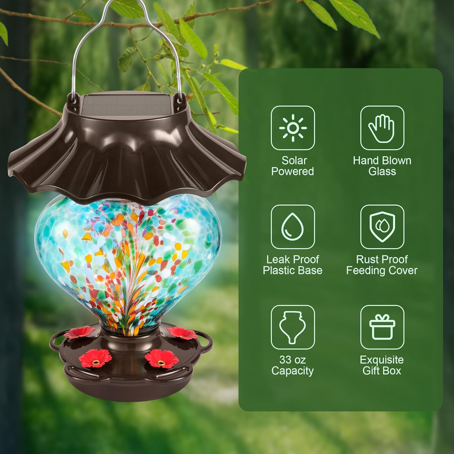 Solar Hummingbird Feeder for Outdoors Hanging, 33oz Heart-Shaped Hand-Blown Glass, Leak-Proof & Rustproof, LED Lighted Garden Decoration, Includes 2 Hooks (Teal)