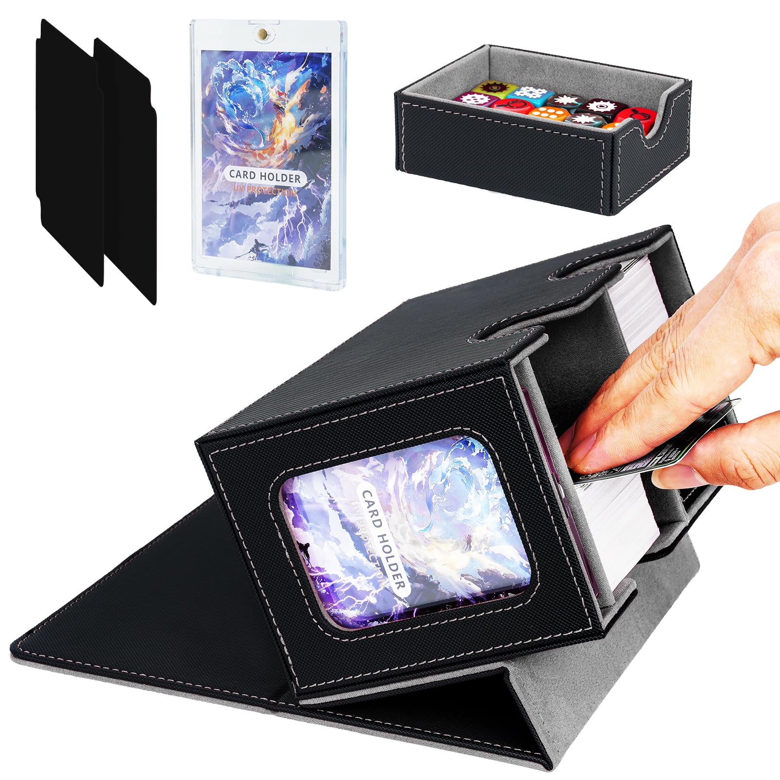 Jaffzora Card Deck Box for MTG Commander, TCG Card Box, PU Leather Magnetic Trading Card Storage Box, for 150 Double-Sleeved Cards, Black & Grey