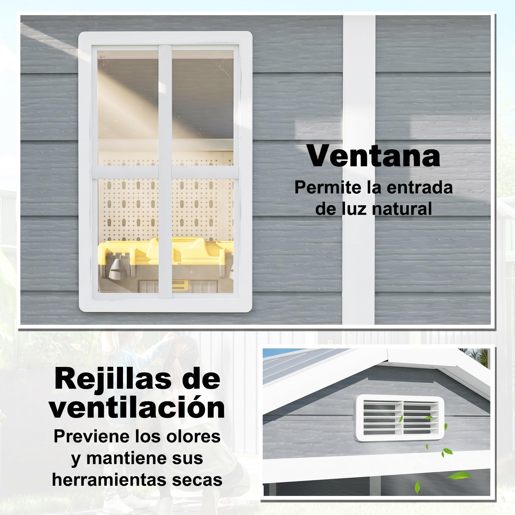 Outsunny Caseta de Jardín Exterior con Suelo 2,1 m² 131x186x198 cm Gris | Cobertizo de Jardín Exterior, Puerta Corredera, Ventana, Techo Inclinado, para Almacenamiento de Herramientas