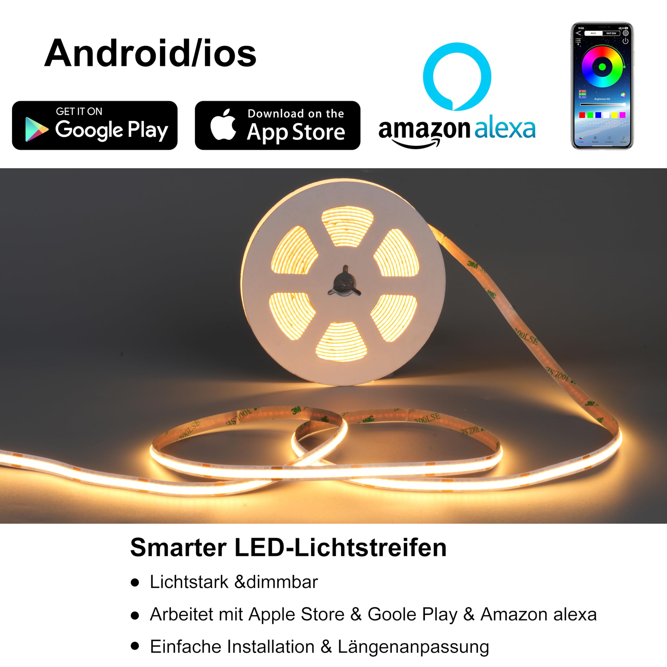 24V COB Led Streifen Led Strip Led Band 5M 480LEDs/m, Flimmerfrei Dimmbar mit Touch-Schalter, 2.4G Controller 60W Netzteil, Geeignet für Küche Wohnzimmer, Kompatibel mit Alexa Hey Google