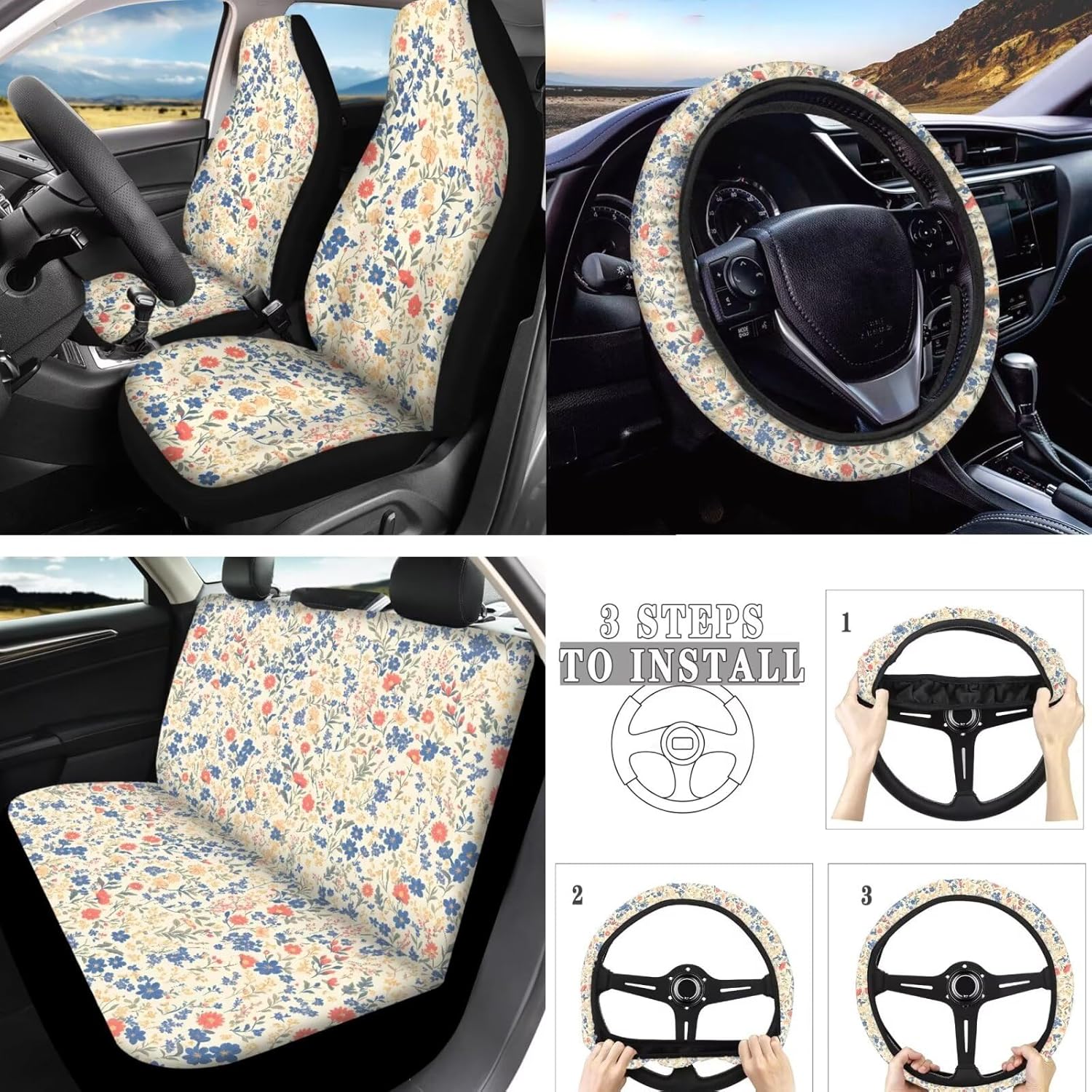 Colorful Cosmos 10PCS Car Seat Cover Full Set Retro Classical Rural Cosmos Flower Belt Shoulder Pad Cup Hippy Colorful Daisy Floral Holders Armrest Cover for Truck SUV