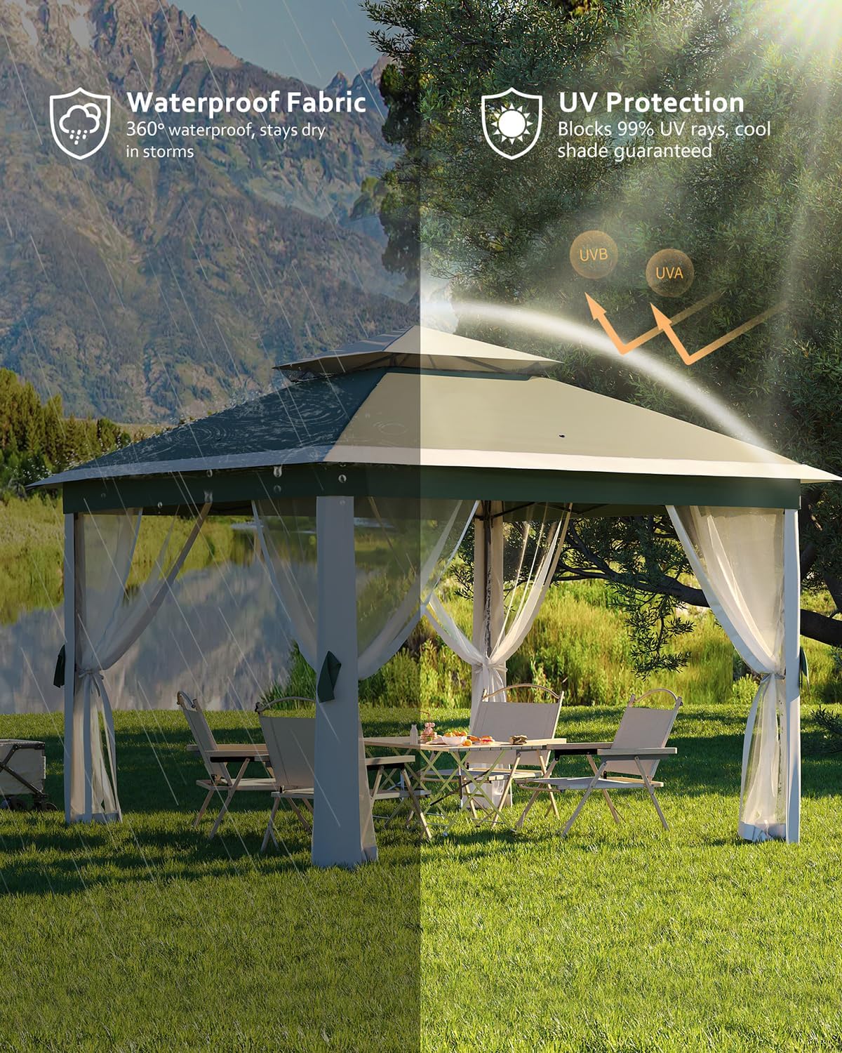 Garveelife 11x11 Pop Up Gazebo Tent with Mosquito Netting, Outdoor Canopy Shelter Easy Setup, Water & UV Resistant - Green