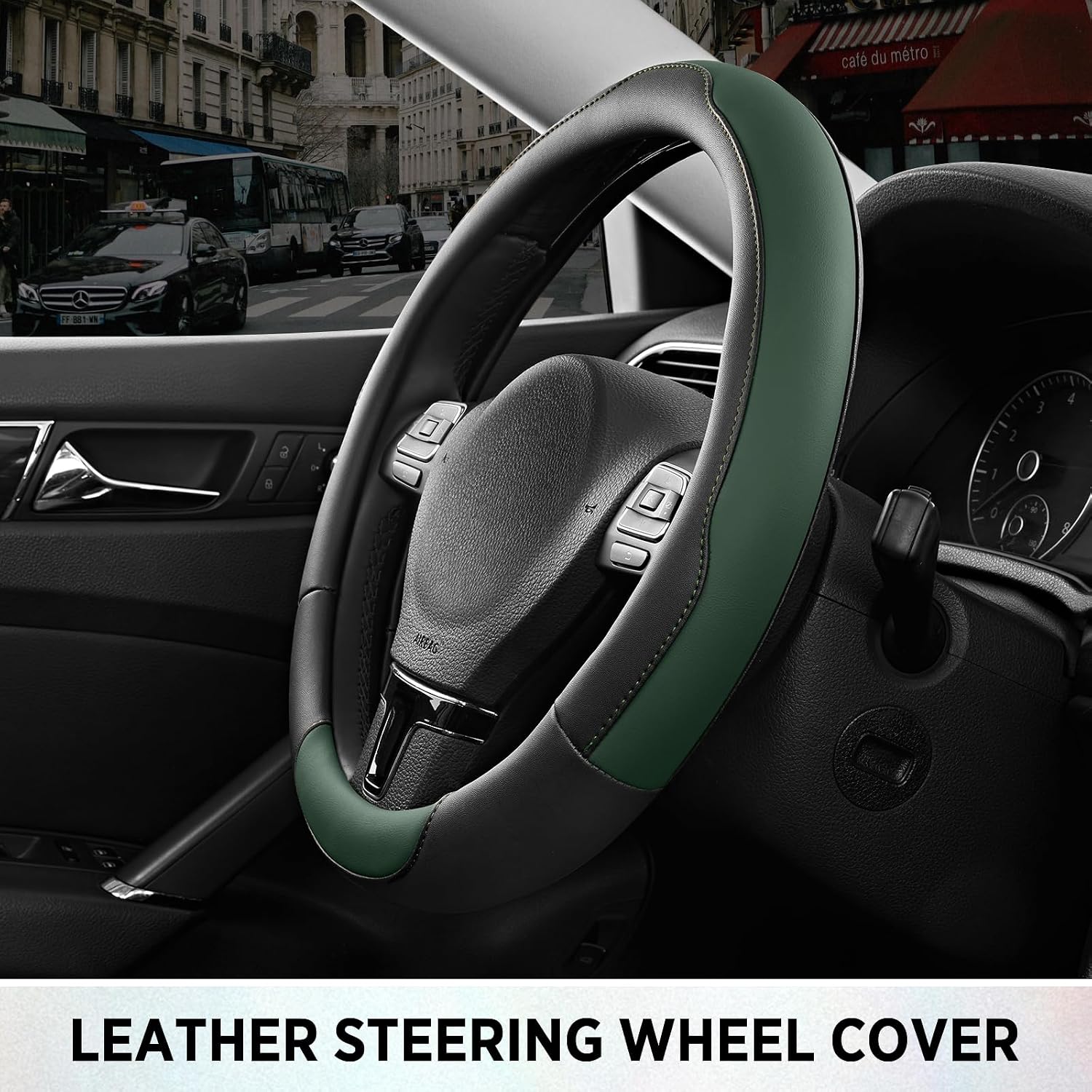 Road Comforts Steering Wheel Cover, Breathable Anti-Slip Leather Steering Wheel Cover, Universal Fit 14.5–15 Inch, Comfortable Grip - Green Color