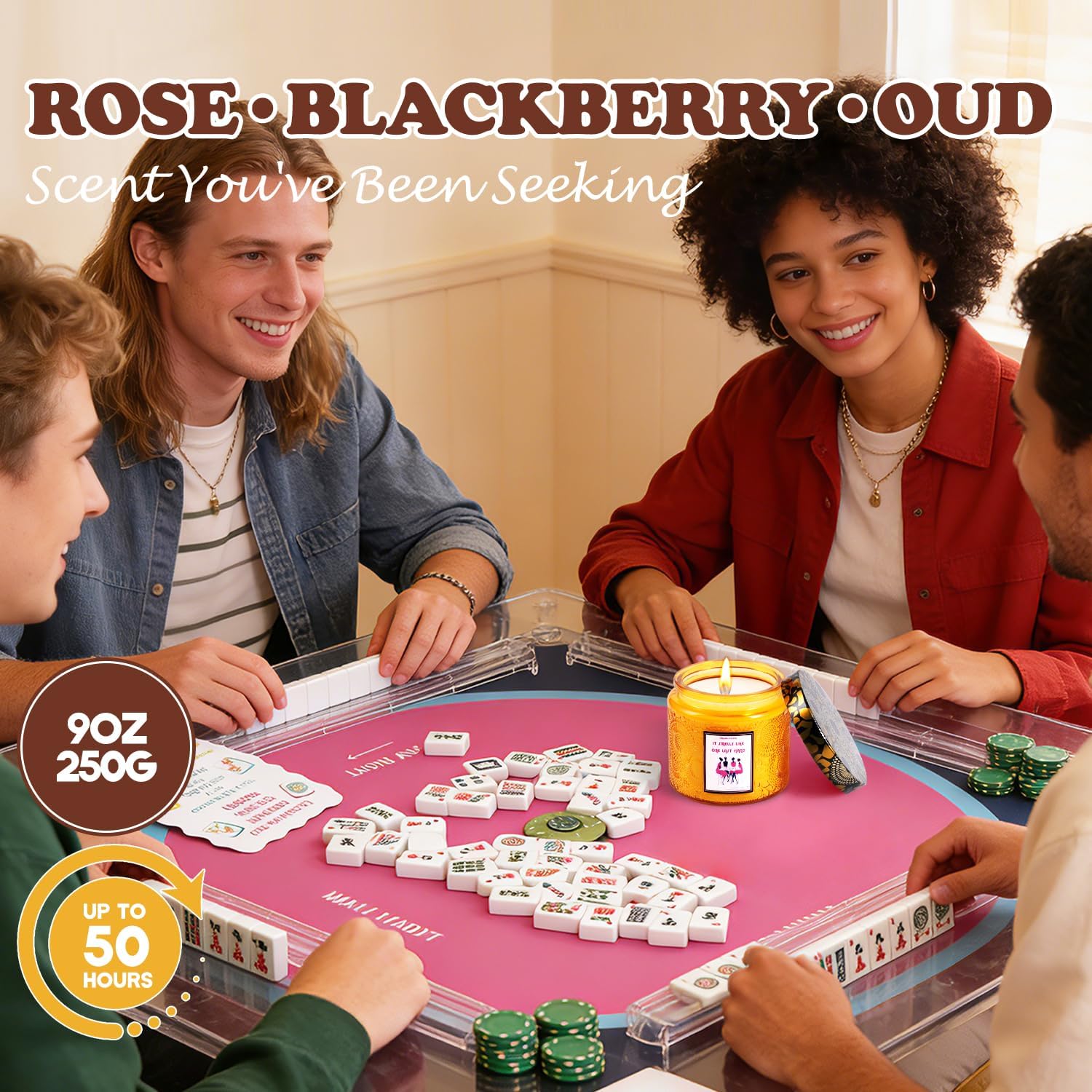 Luxury Mahjong Scented Candle: Rose · Blackberry · Oud | 9oz Soy Wax Glass Jar - Mah Jongg Gifts - Women Game Night Home Hostess Party Meditation Yoga Lover: Long Lasting Relaxing Housewarming Present - Image 2