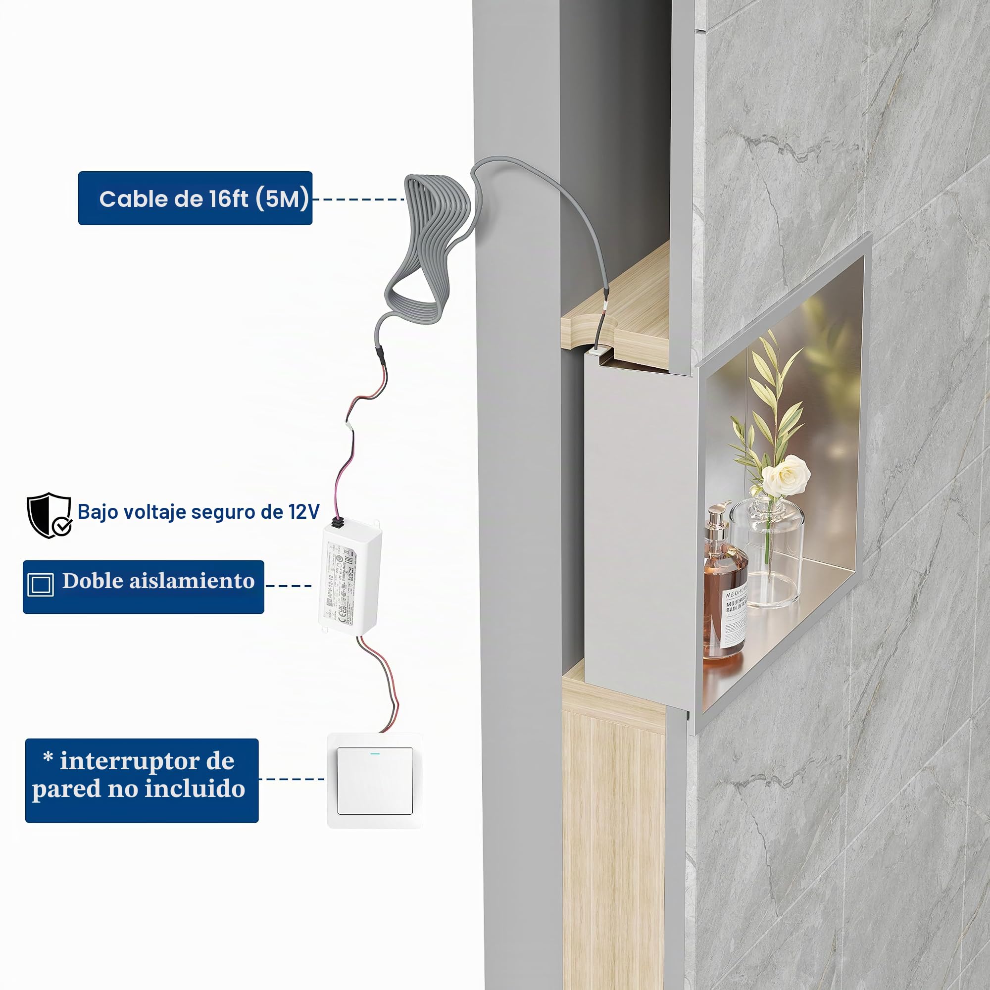 Aldaba de Pared para Ducha de Acero Inoxidable con Luz LED, Nische de Ducha Incorporada con Estante Individual para Almacenamiento en el Baño, 30 x 30 cm