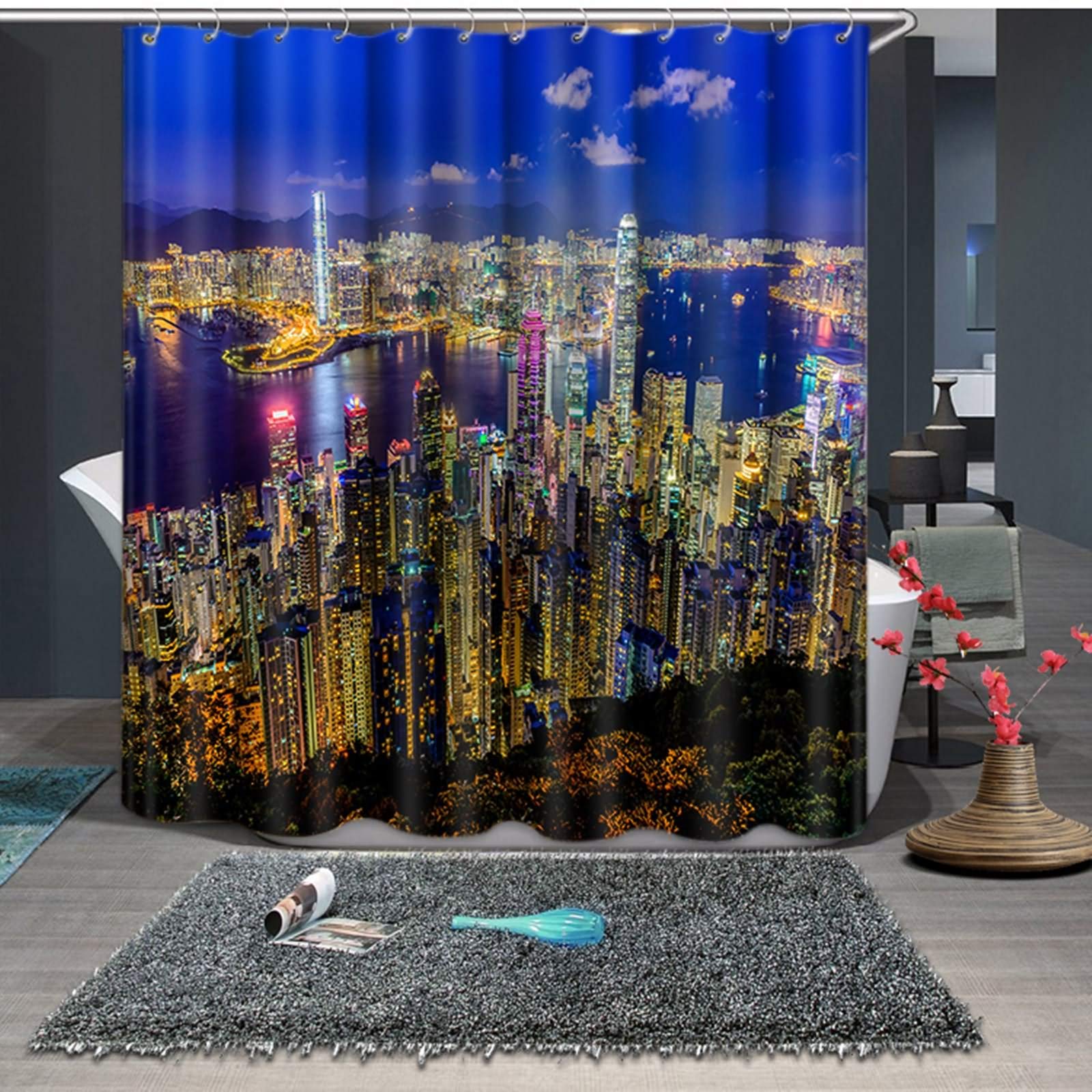 Rideau de douche japonais 120g motif ville nocturne bleu jaune 3D