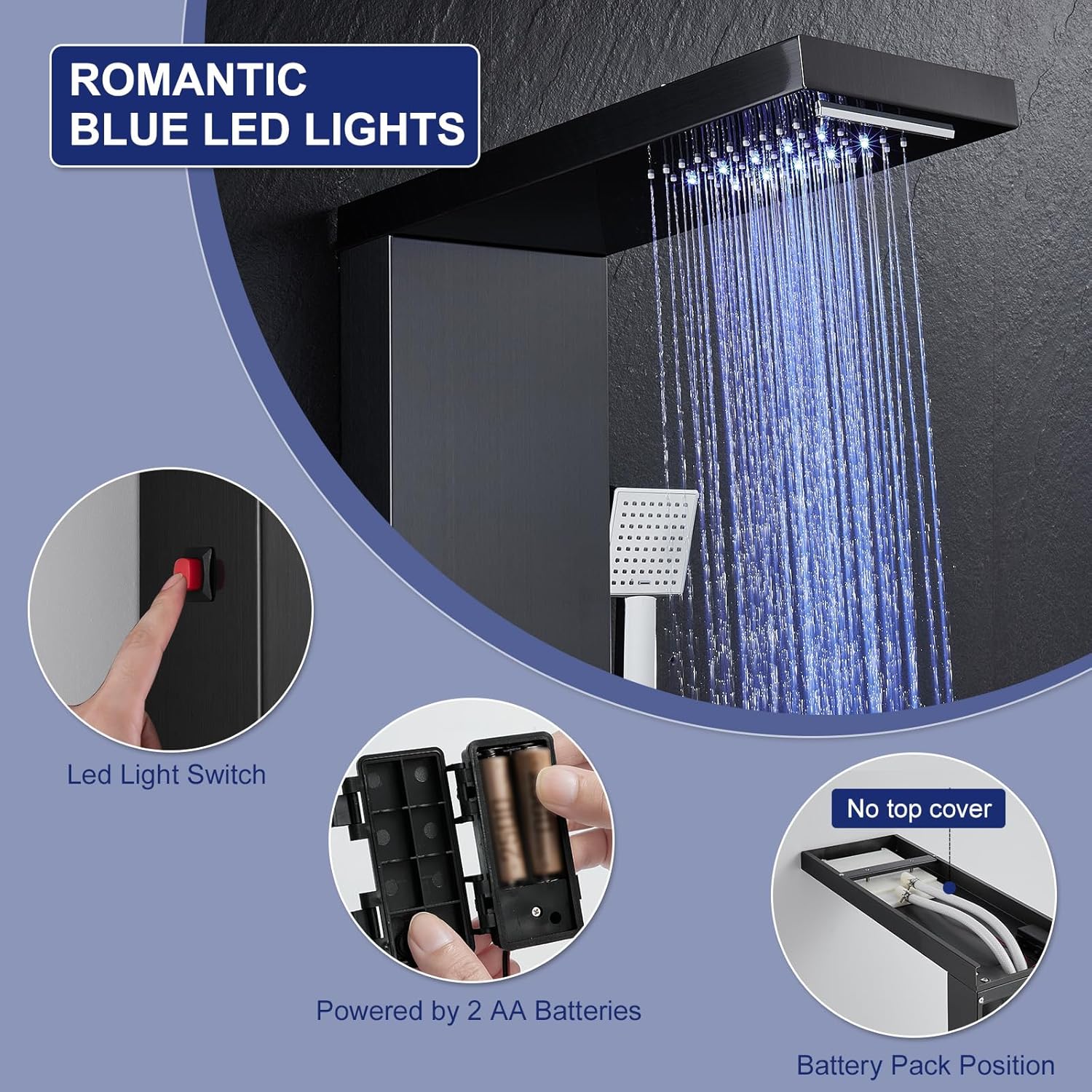 ROVATE LED Shower Panel Tower System with Rainfall Waterfall Shower, Black Shower Tower with Jets and Rainfall and Handheld, 5 in 1 Stainless Steel Shower Column High Pressure with Tub Spout