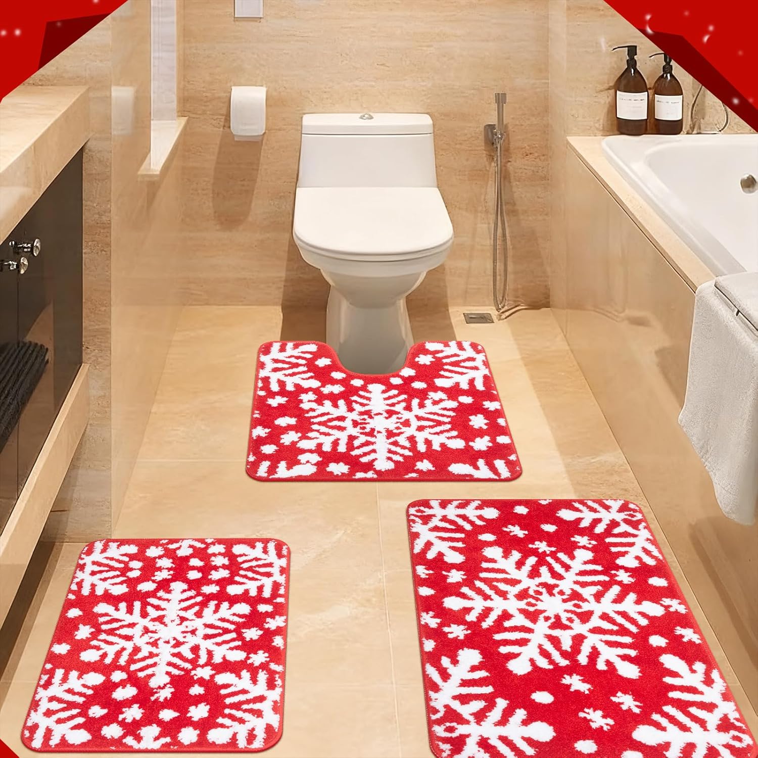 Nuanchu 3 Pcs Christmas Bathroom Rug Set Red Bathroom Rugs Winter Snowflake Door Mat Non-Slip Christmas Bath Room Rugs Doormat for Home Kitchen Bedroom Living Room Decor