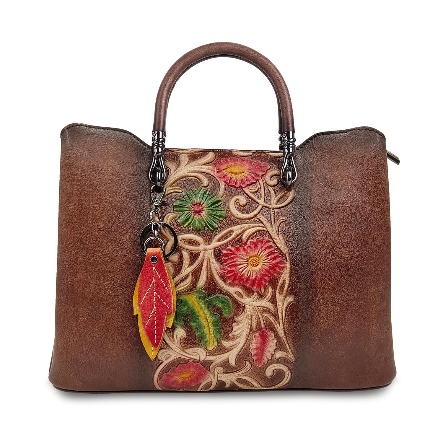 Genuine Leather Vintage Embossed Handbag for Women - Artisanal Cowhide Floral Crossbody Purse with Unique Craftsmanship