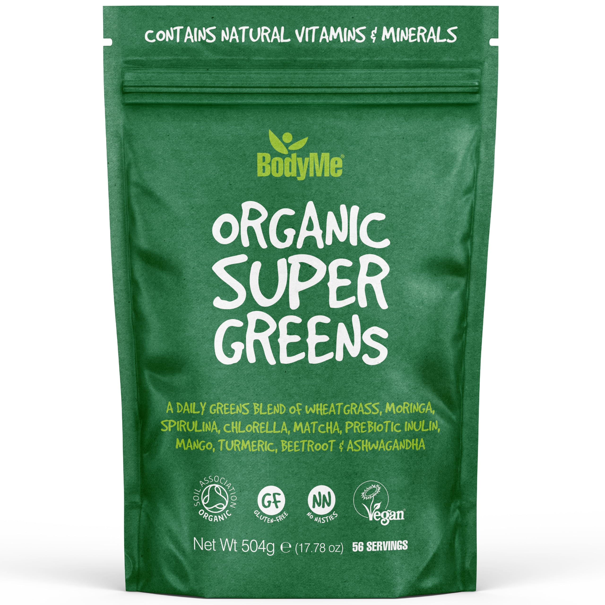 BodyMe Organic Vegan Greens Powder - Vegan Superfood Blend of Wheatgrass, Moringa, Spirulina, Ashwaganda and Other Organic Ingredients - Quick & Easy Nutrients, 504g