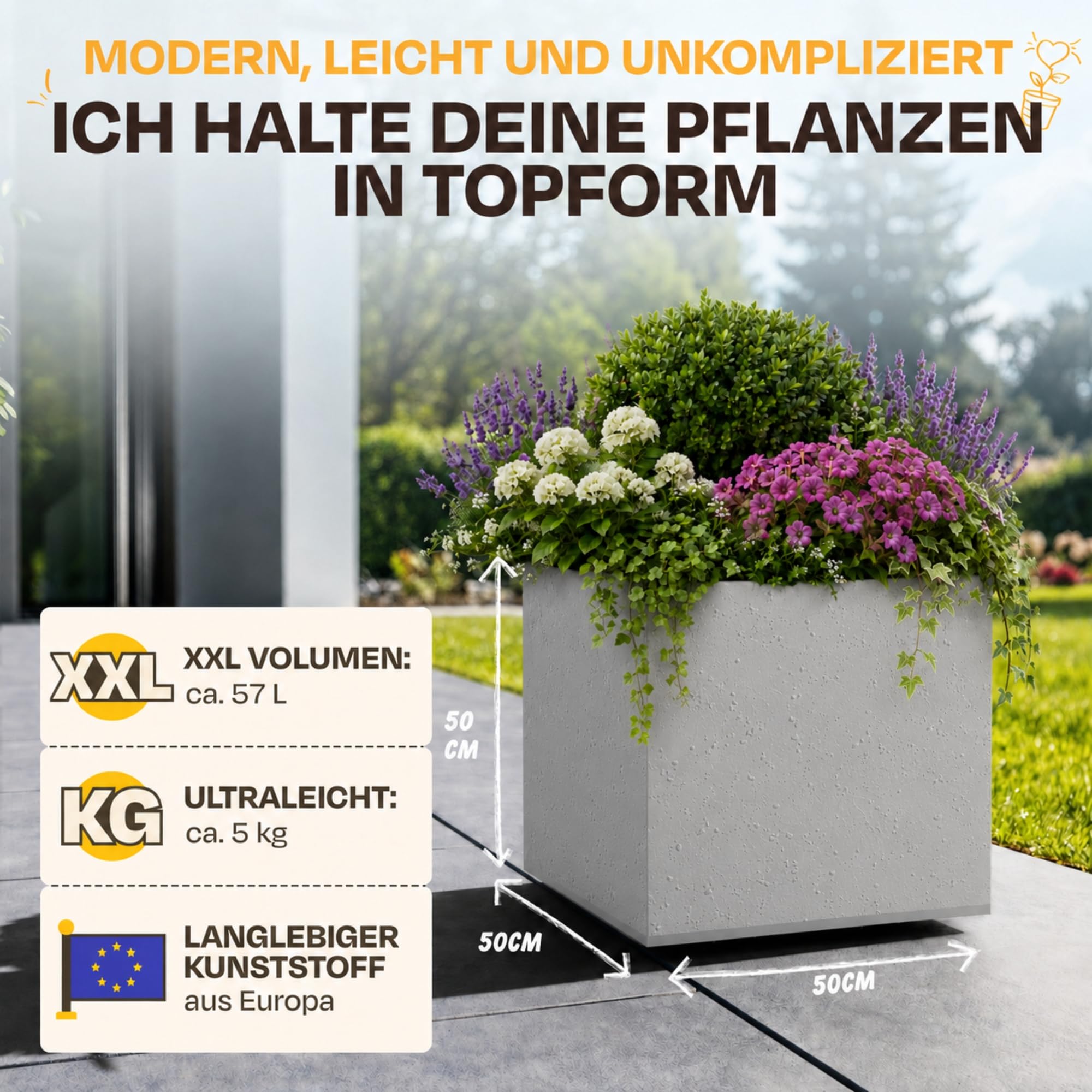 Ondis24 Pflanzkübel Blumenkübel Blumentopf Vulkan 40 mit Wasserspeicher Winterfest (Grau Basalt)