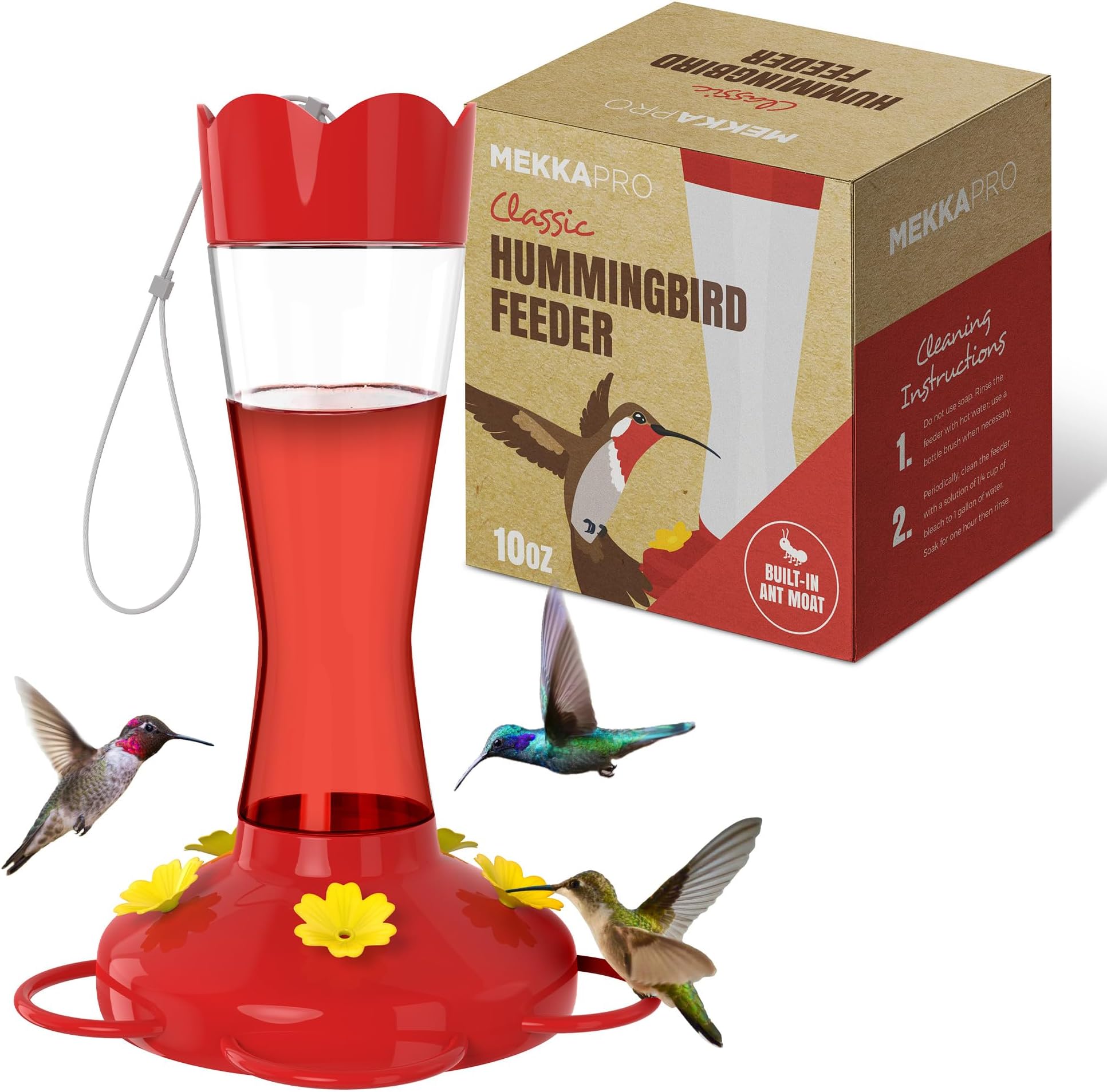 MEKKAPRO Outdoor Glass Hummingbird Feeder, Red, 5 Feeding Stations 10 oz
