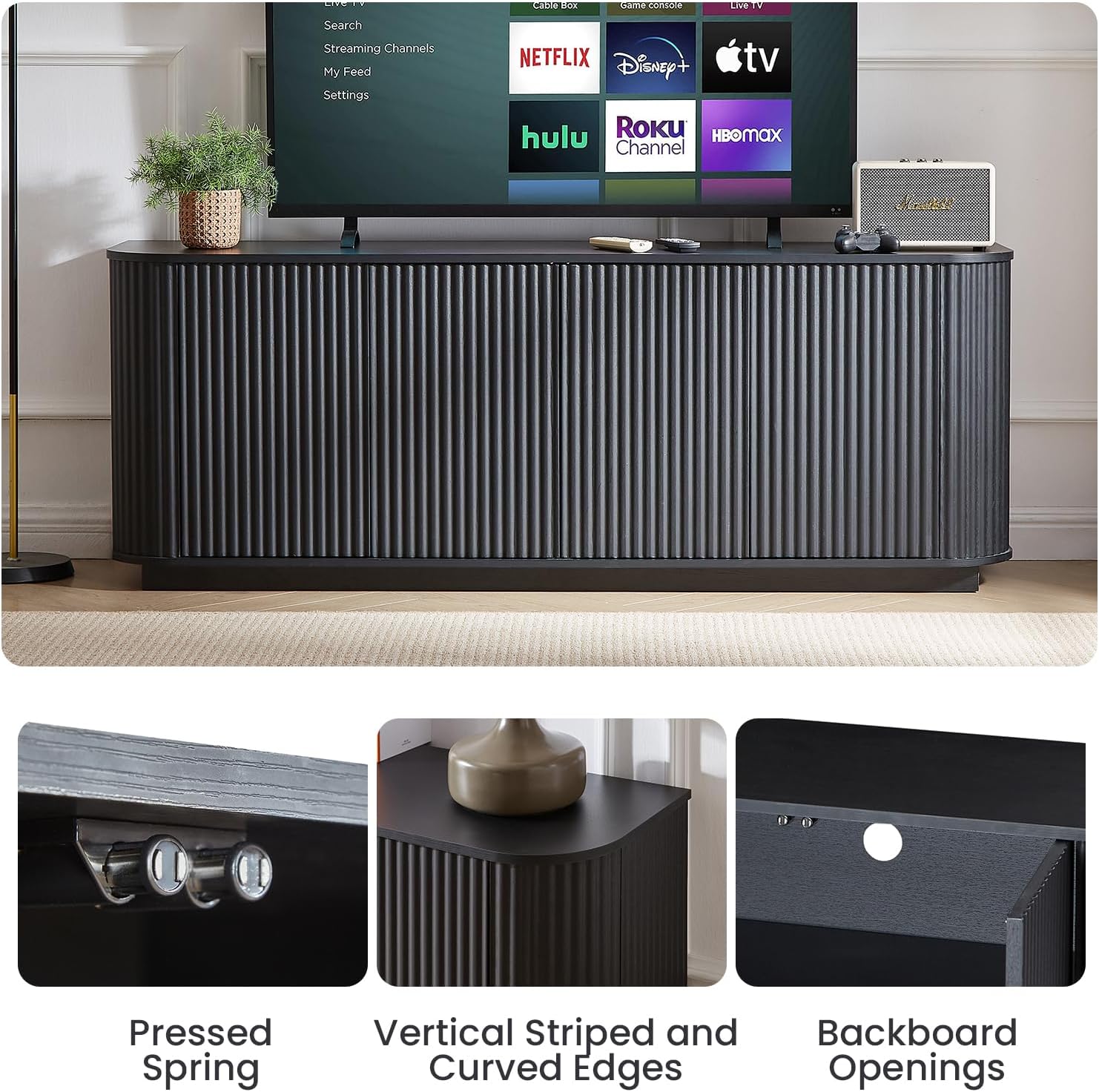 64" Sideboard Buffet Cabinet with Storage, Wooden Fluted Storage Cabinet Sideboard with Adjustable Shelves Pressed Spring for Kitchen Living Room (Black Gray)