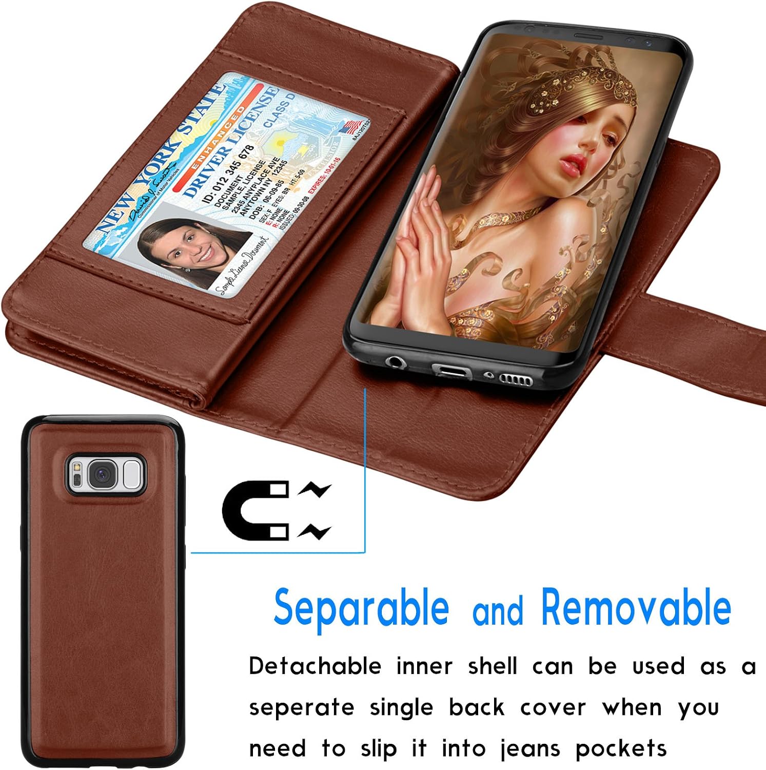 Tekcoo for Galaxy S8 Plus Case / S8 Plus Wallet Case, ID Cash Credit Card Slots Holder Purse Carrying PU Leather Folio Flip Cover [Detachable Magnetic Hard Case] & Kickstand for Samsung S8+ Brown