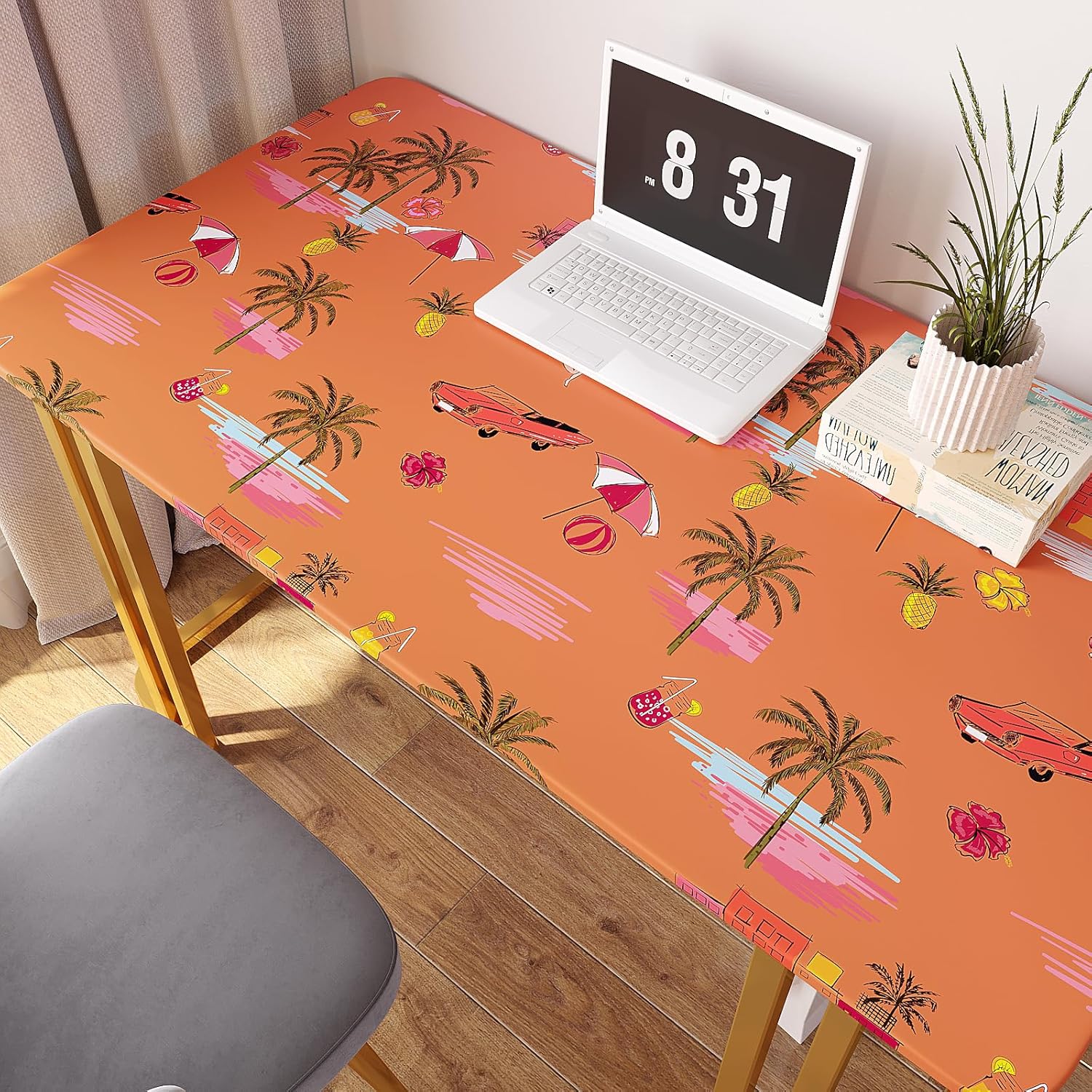 VEELIKE Hand Drawn Island Beach Peel and Stick Wallpaper Orange Landscape Palm Trees Wallpaper Self Adhesive Wall Mural 17.7''x354'' Orange Contact Paper Removable Wall Paper for Bedroom Bathroom Home