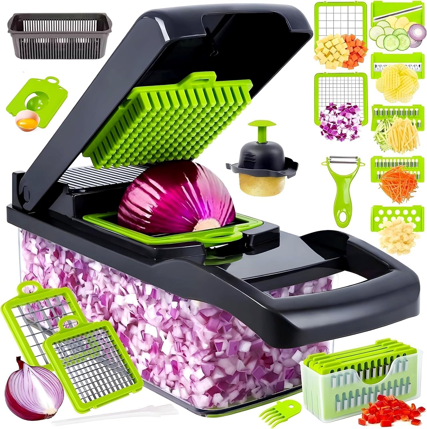 Vegetable cutter, 16 in 1 Multifunctional Food Chopper, 8 Blades Adjustable Vegetable Slicer Dicer Cutter for Kitchen, Onion Chopper, Veggie cutter, Mandolin Slicer With Strainer & Container (Gray)
