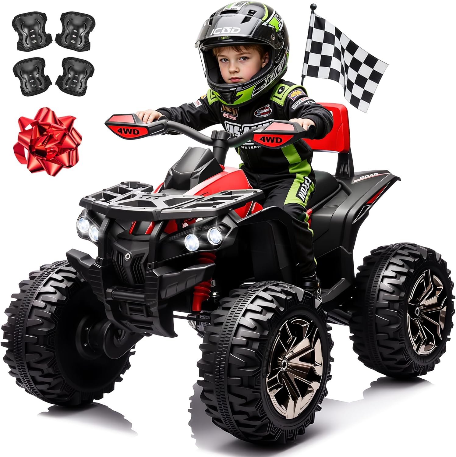 24V Kids ATV 4 Wheeler w/Remote Control, 9AH Battery Powered Electric Car w/ 3 Speeds, Shock Absorbers, Bluetooth, 2-Seater Quad for Kids Ages 3-8, Red