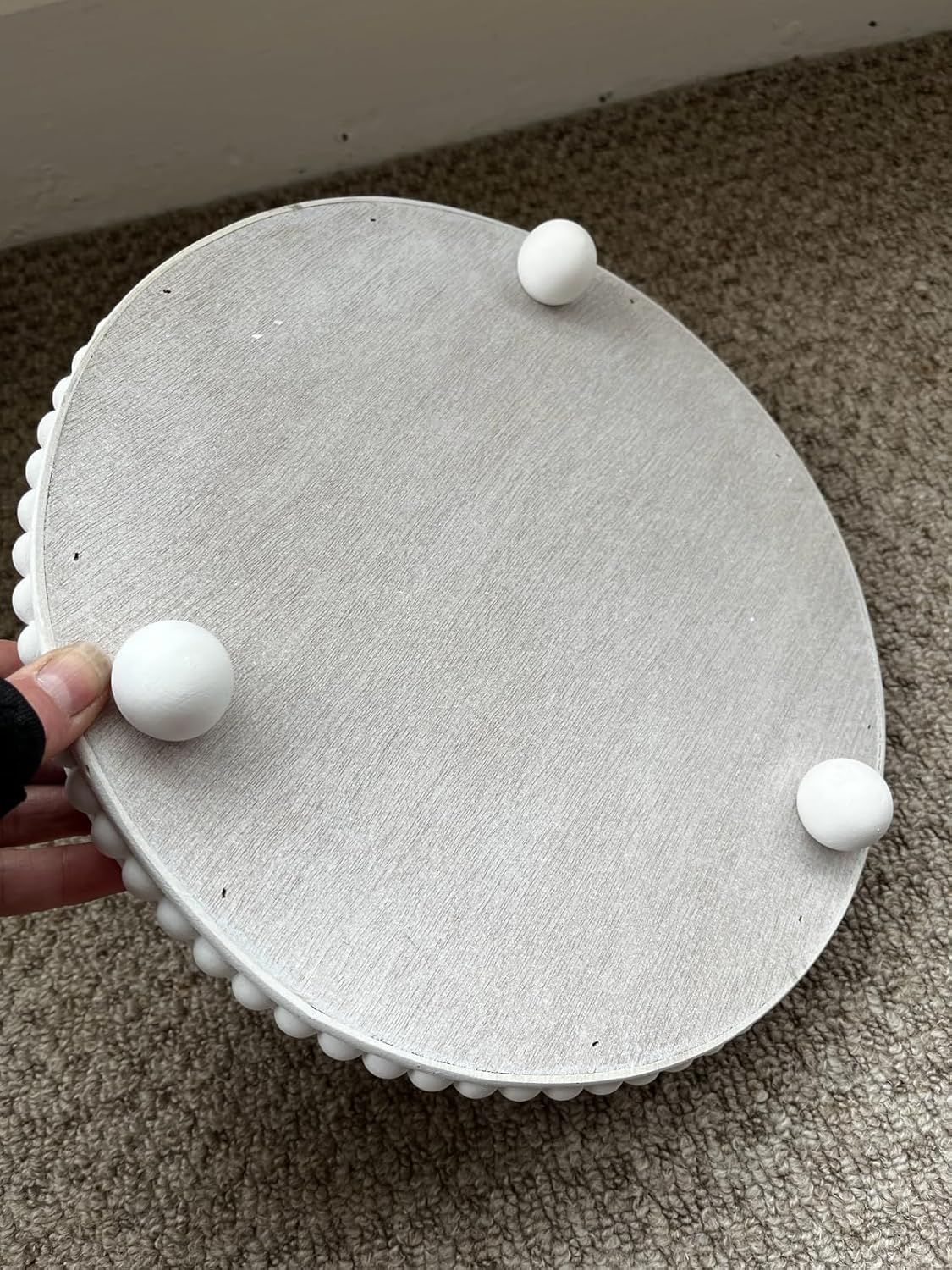 Round Wooden Footed Tray with White Distressed Beads, 11.8 inch Rustic Farmhouse Serving Tray Decorative Trays for Coffee Table Dining Room, Living Room, Kitchen, Bathroom Decro, White