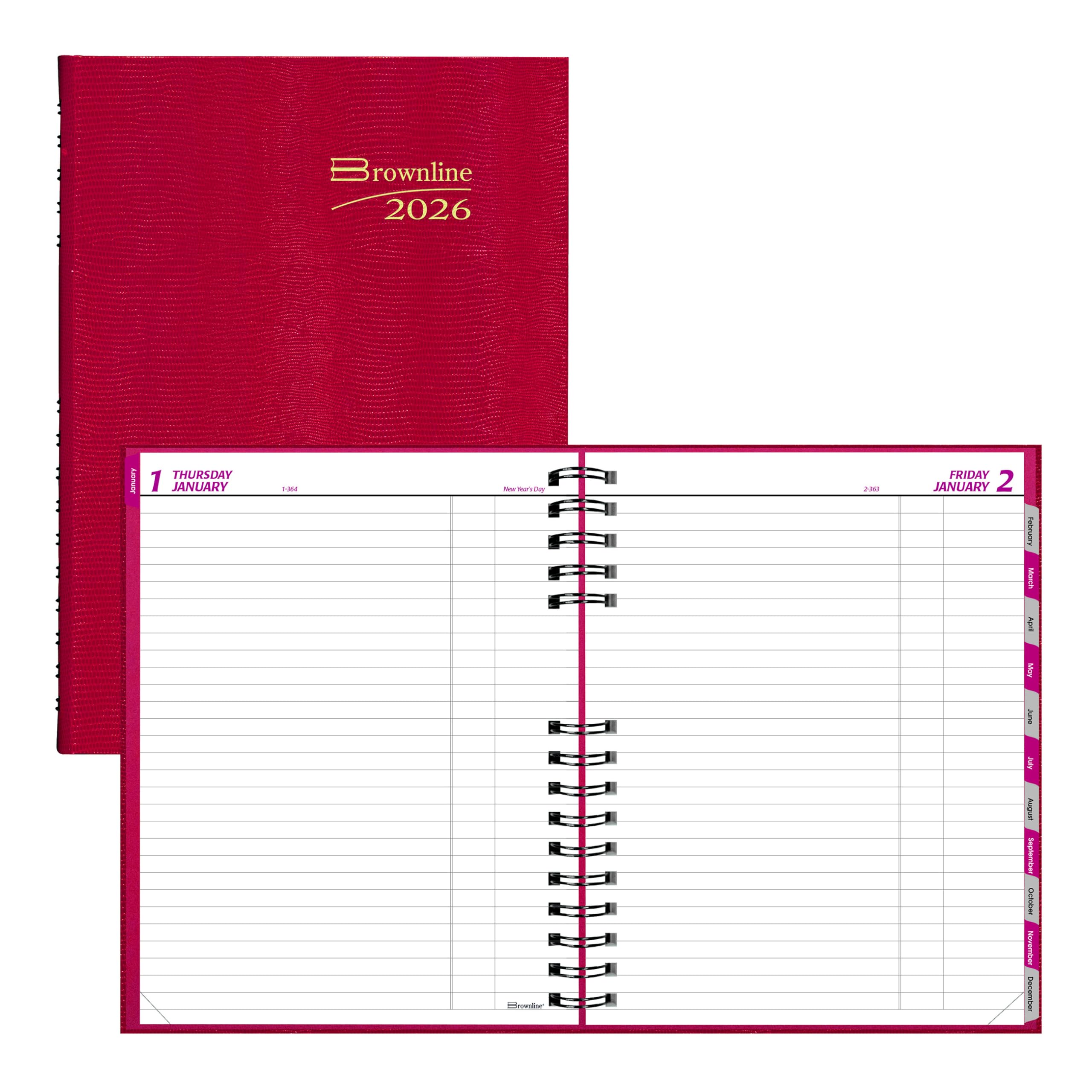 BROWNLINE CoilPro Agenda Giornaliera, Untimed, rilegatura a doppio filo, copertina rigida simile a lucertola, 25,7 x 20 cm, rosso brillante