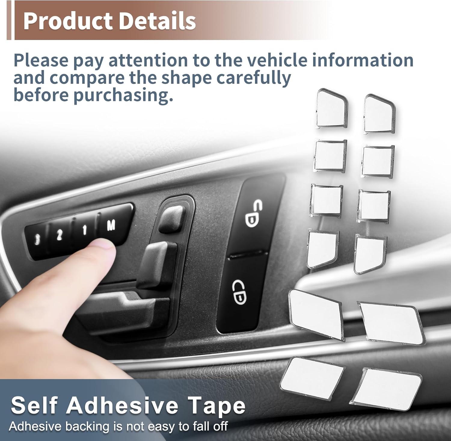 Set of 12 Car Seat Memory Door Lock Unlock Button Sticker Adjust Switch Button for Mercedes-Benz a Class 2013-2017 Interior Trim Accessory Black