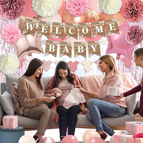 Miniatura 6 de Decoración de baby shower rosa polvoriento, juego de decoración de baby shower para niña con pancarta de bienvenida para bebé, pompones de tela,
