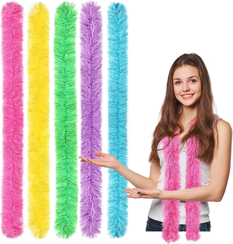 5 boas de plumas – coloridas boas artificiales esponjosas a granel de 5 pies para bodas, cumpleaños, fiestas de té, decoración de disfraces de Navidad (rosa, dorado, azul, verde, morado claro)