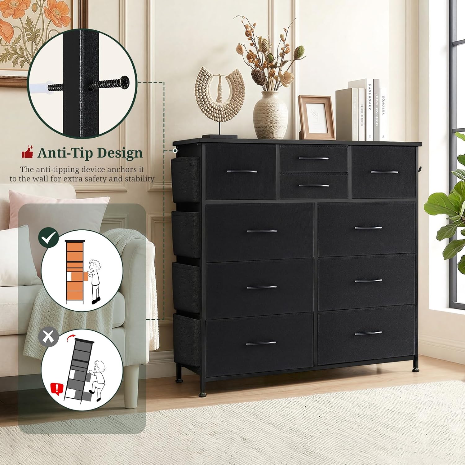 Dresser for Bedroom with Side Pockets and Hooks, 10 Drawers Storage Organizer Chest of Drawers, Sturdy Metal Frame for Living Room, Hallway, Closet, Black