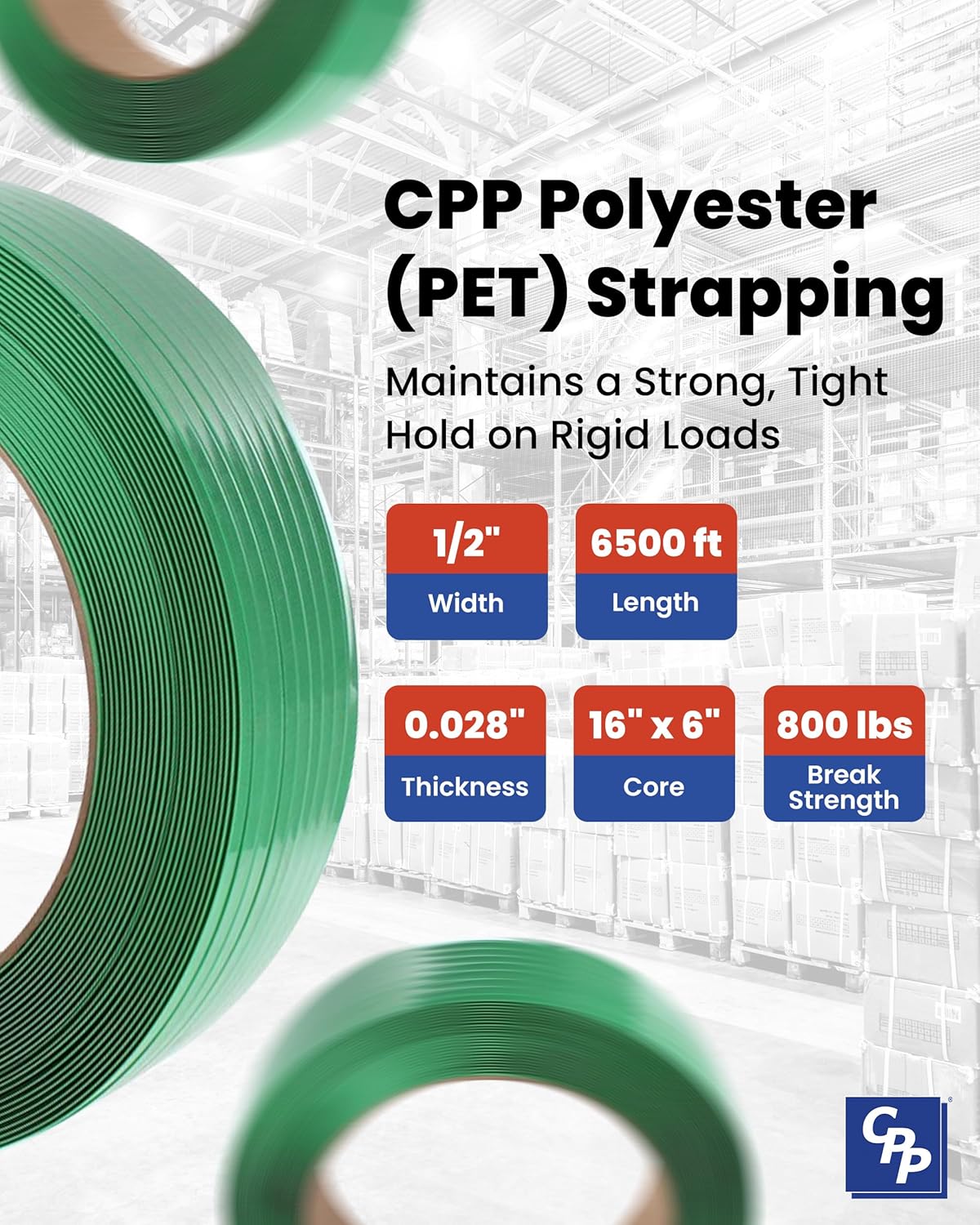 CPP 1/2" x .028" x 6500' Smooth & Waxed Polyester Strapping for Pallet Banding, Heavy Duty Box Straps, Brick and Lumber Packaging