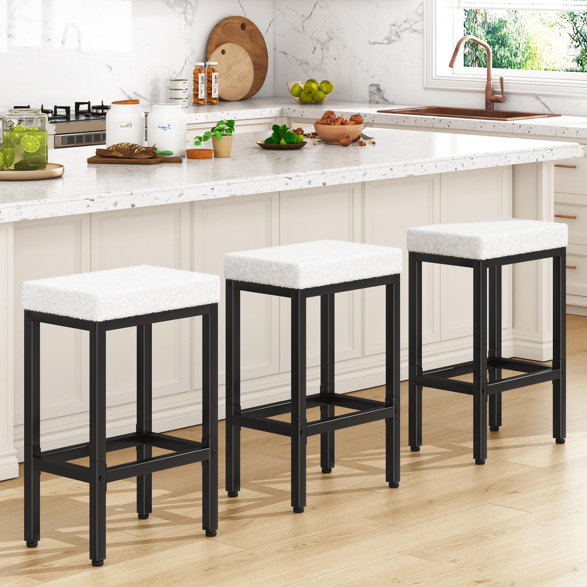 YMYNY Taburetes Altos de Cocina, 66 cm Taburete Cocina Alto, Blancos Taburetes de Bar con Pata de Metal, Silla Alta para Isla Cocina, HBS514W-2