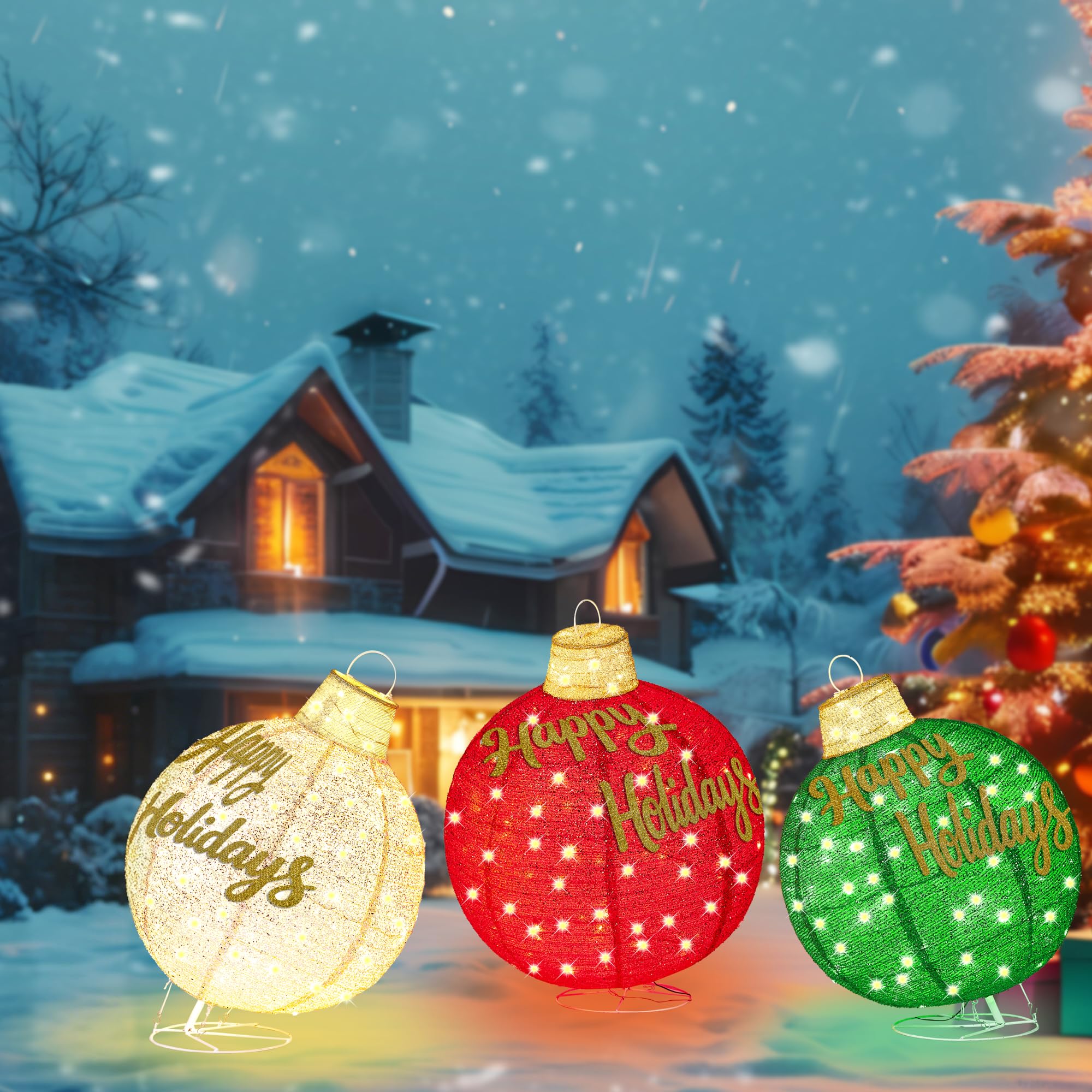 3Pcs 3FT Lighted Christmas Ornament Set Expandable Outdoor, Indoor Holiday Decor with 290 LED Lights, Easy Assembly & Weatherproof, Red & Green & Gold Light-Up Ball for Yard, Garden, Storefront.