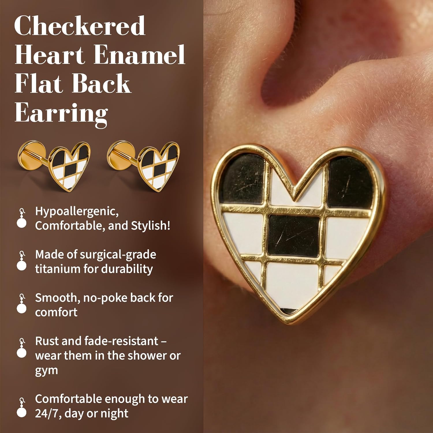 Flat Back Earrings | Hypoallergenic Stud Earrings for Women | Flatback, No-Poke Design | Non-Tarnish, Implant-Grade Titanium Made | Lobe & Cartilage Earrings for Women | Gold & Silver