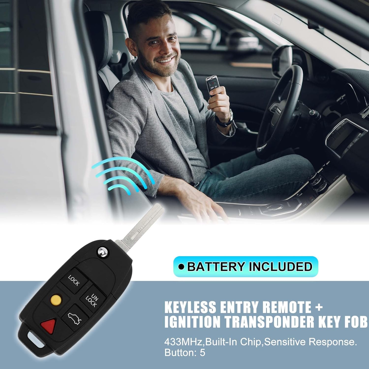 X AUTOHAUX 433MHz LQNP2T-APU Keyless Entry Remote Ignition Transponder Key Fob for Volvo XC90 2004-2014 for Volvo XC70 2004-2007 5 Buttons