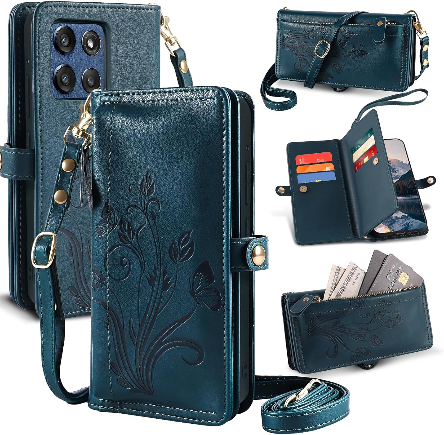 Lacass for Motorola Moto G 2026/2025/ Moto G Play 2026 Case Wallet, [Cards Theft Scan Protection] Card Holder Zipper Leather Flip Cover Crossbody Wrist Strap with Stand(Floral Blue Green)