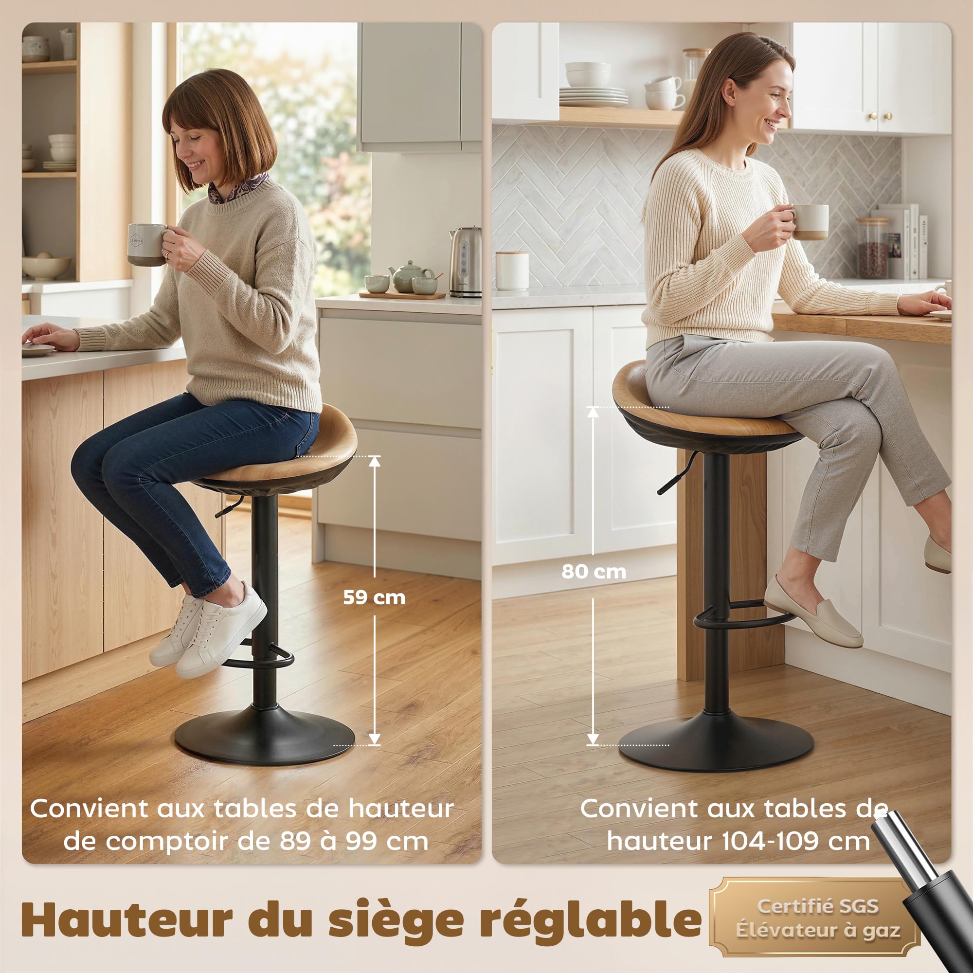HOMCOM Lot de 2 Tabourets de Bar Réglables en Hauteur 40x40x63-84cm Chêne