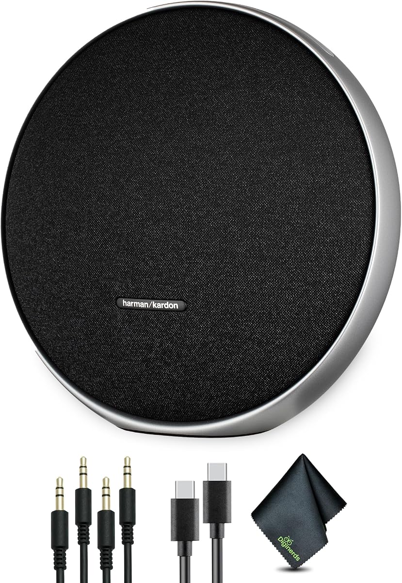 Onyx Studio 9 Portable Stereo Bluetooth Speaker (HKOS9BLKJN) Bundle Including: 2X Aux Cable, Power Supply, Type-C Cable, Fiber Cloth