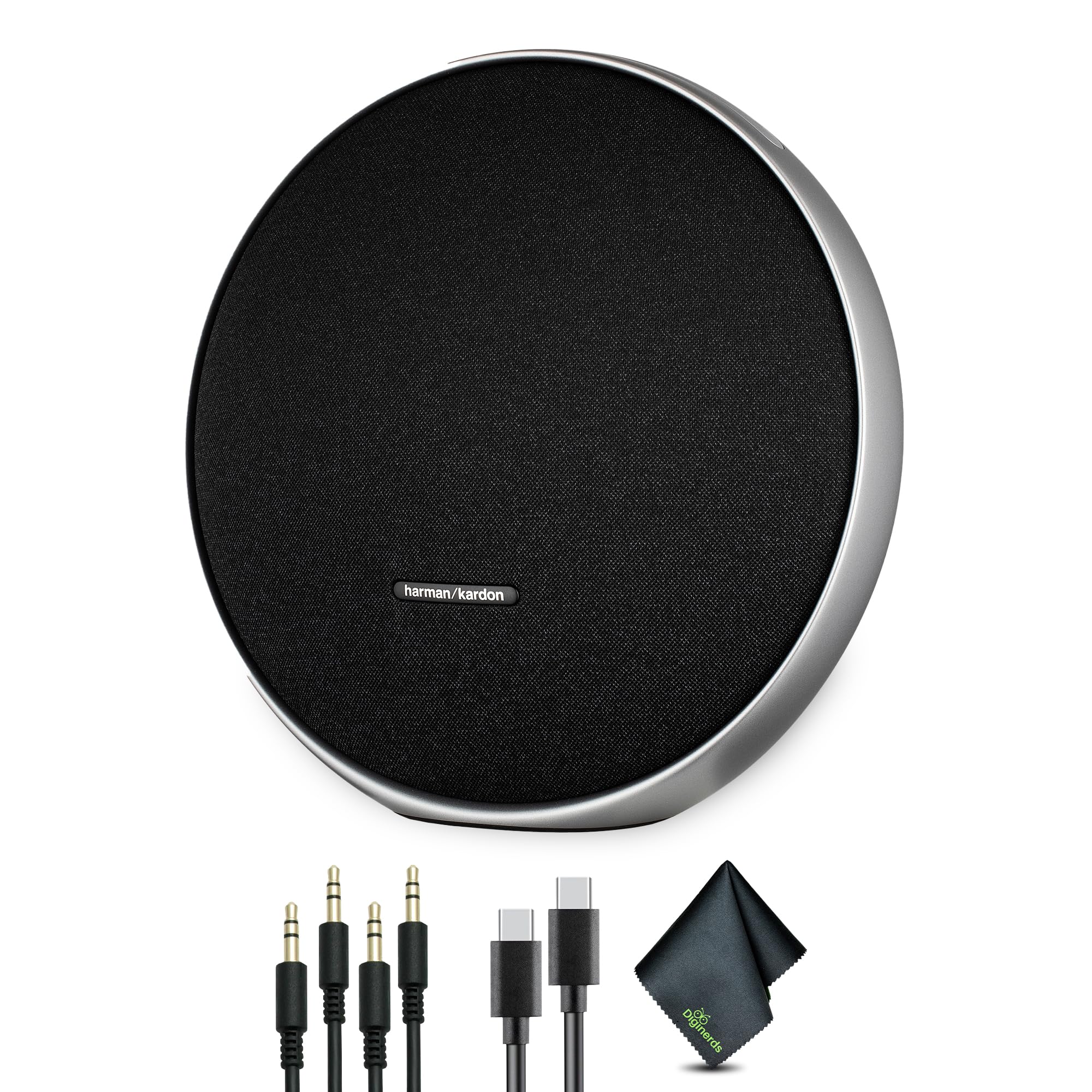 Harman Kardon Onyx Studio 9 Portable Stereo Bluetooth Speaker (HKOS9BLKJN) Bundle Including: 2X Aux Cable, Power Supply, Type-C Cable, Fiber Cloth