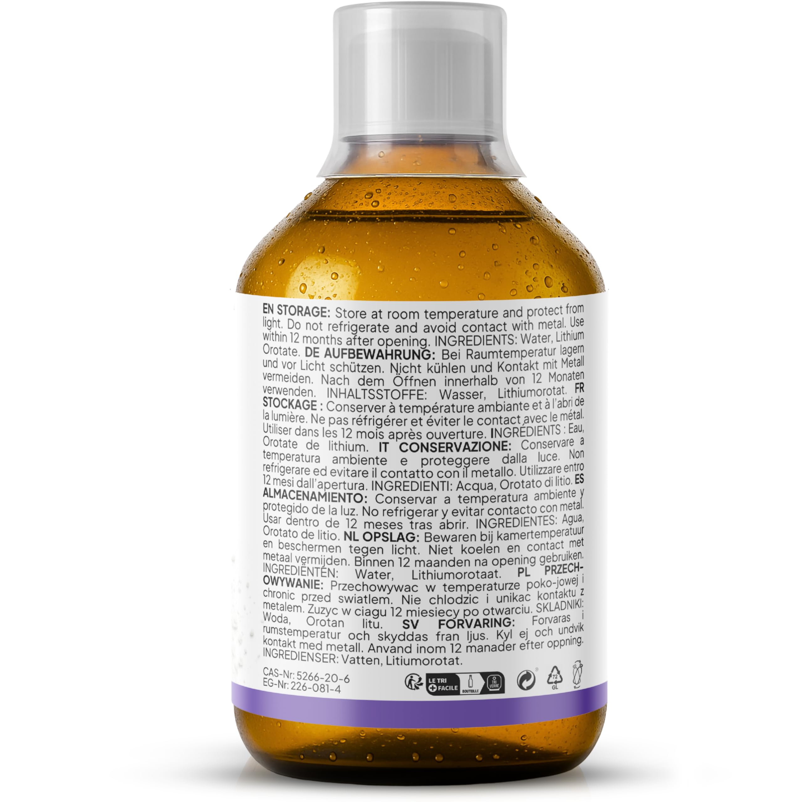 Lithium Orotat > 99 % pur 500 ml | 1 ml contient 0,5 mg de lithium élémentaire = 500 PPM | avec gobelet doseur de 30 ml et pipette | testé et certifié en laboratoire