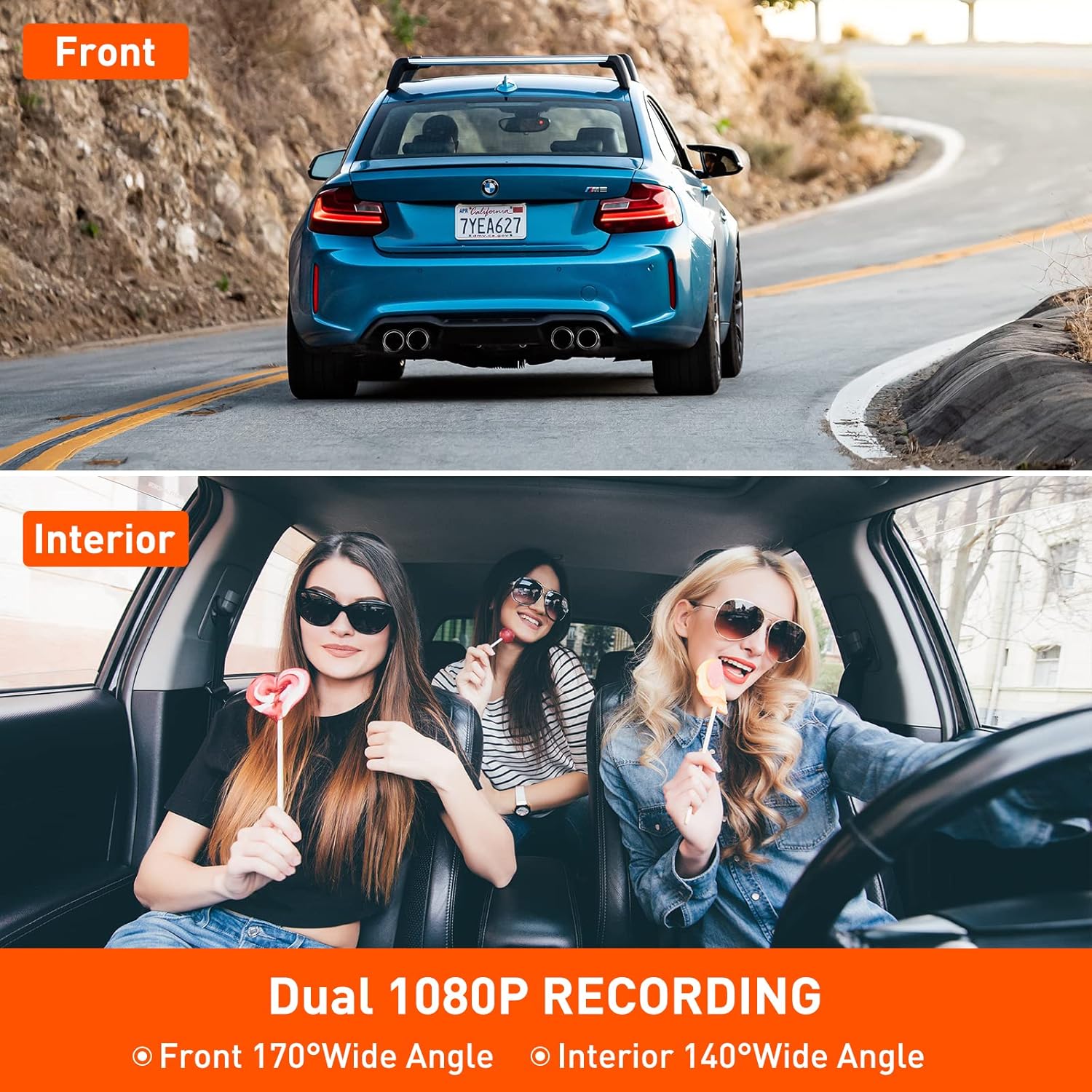 Dash cam displaying simultaneous front and interior 1080P recording with wide angles