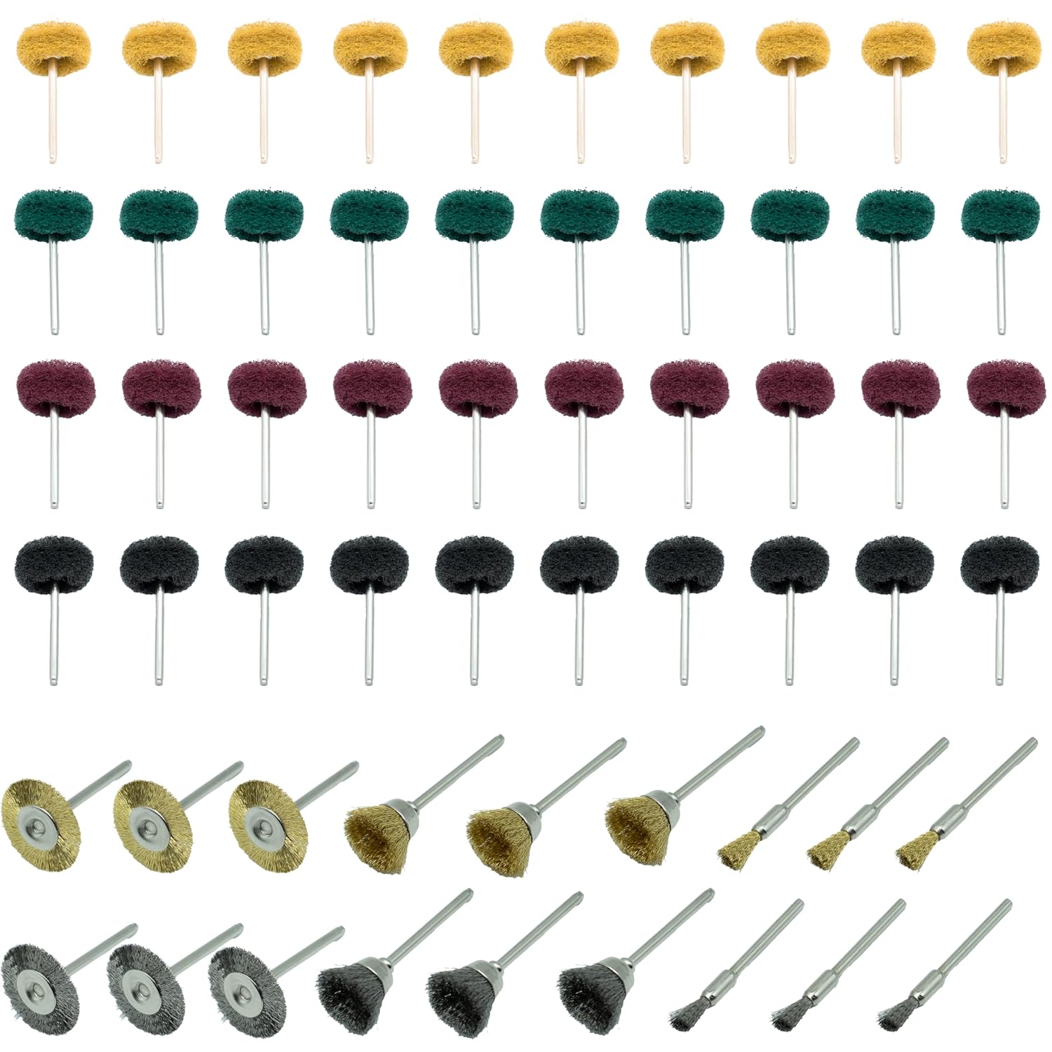 58Pcs Abrasive Wheel Buffing Polishing Wheel Set for Rotary Tool 1/8" Shank | (120-400 Grit) & Wire Brushes (T/Y/Pen Shape), Metal Rust Removal, Deburring, Surface Finishing for Metal, Resin, Wood