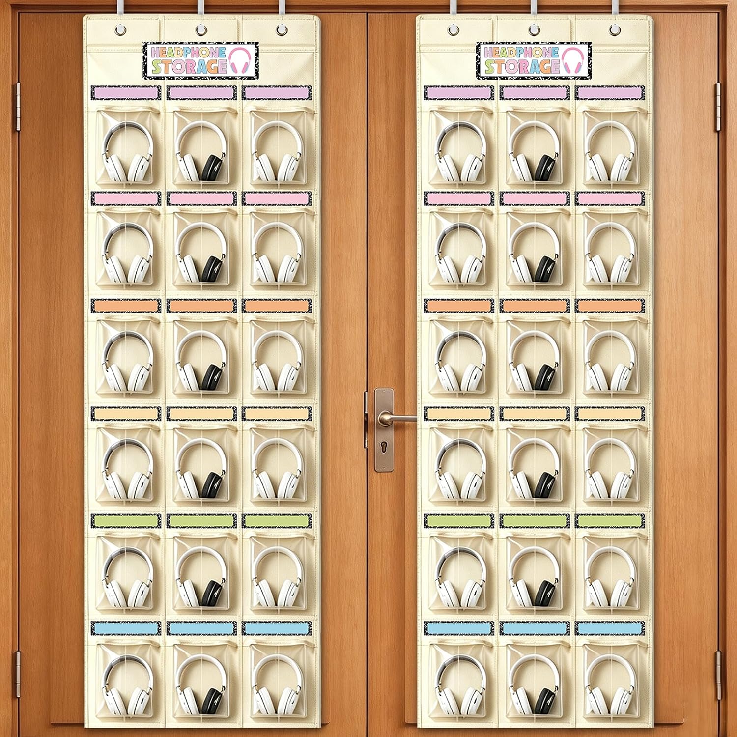 JarThenaAMCS 2 Pcs Classroom Headphone Storage Organizer with 36 Pockets | Over the Door Hanging Headphone Holder Bag, Classroom Door Storage with Pastel Label Stickers for School Library Wall Decor