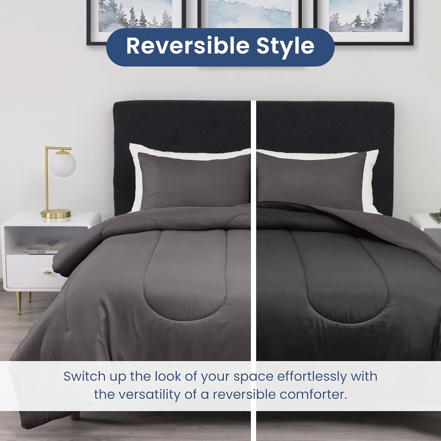 Martex 3-Piece Reversible Comforter Set – Full/Queen Comforter Set – for Full Size Bed & Queen Size Bed - Versatile Room Decor – Durable Bedding Set – Machine Washable – Super Soft – Graphite/Ebony
