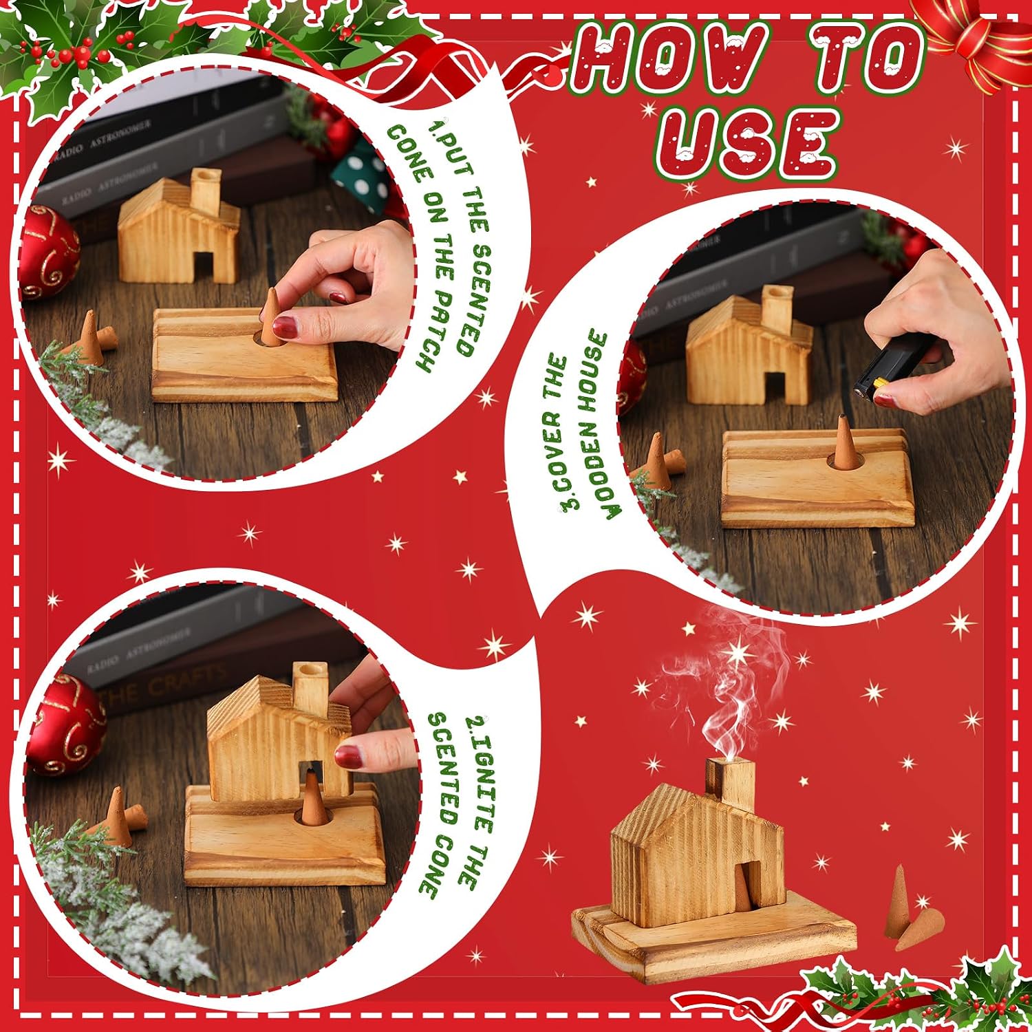 Christmas Log Cabin Incense Burner with 10 Incense Cone Xmas Winter Wood Cabin Burner Holders for Christmas Winter Home Room Kitchen Fireplace Decorations